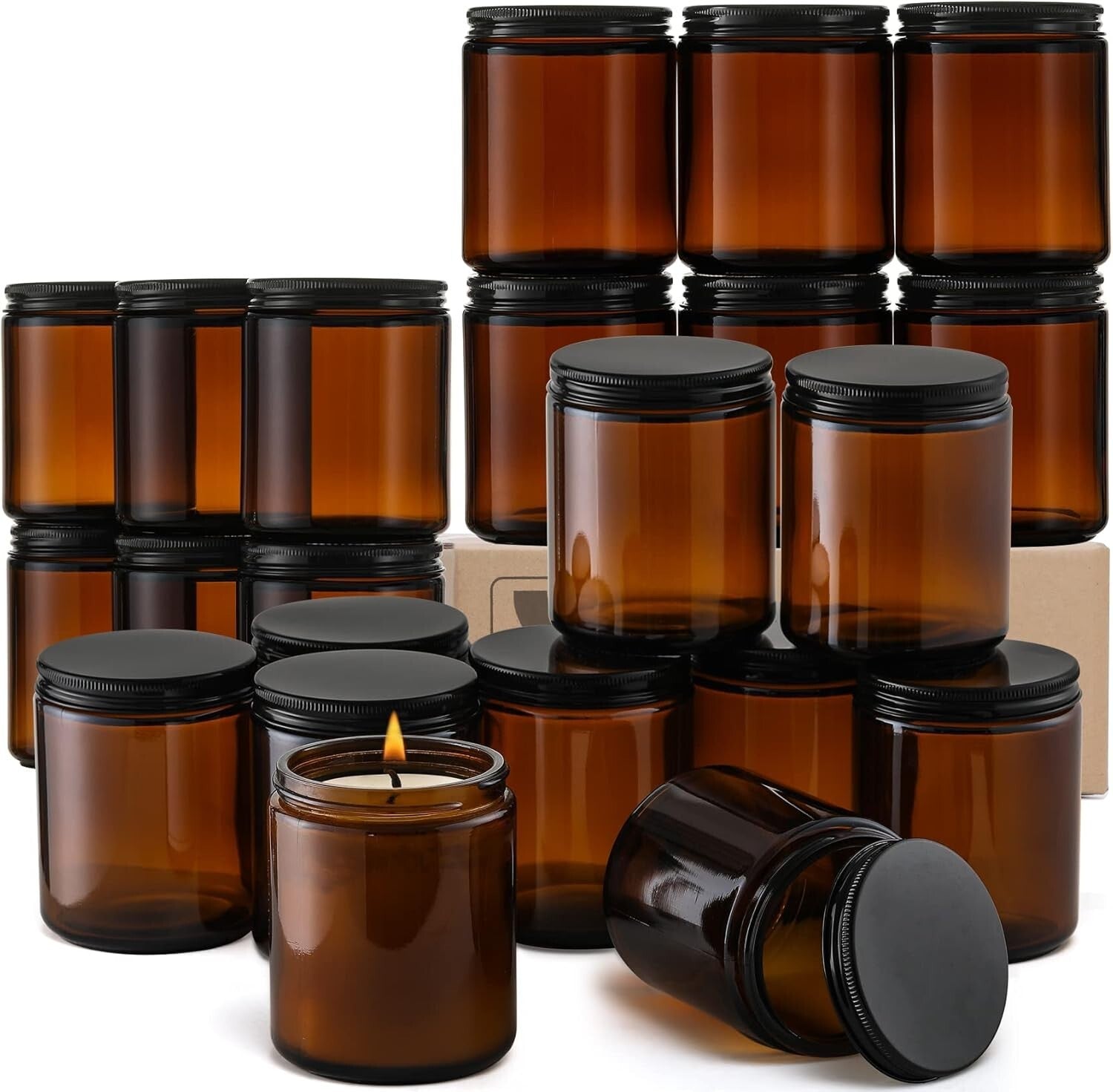24-Pack Amber Glass Jars with Airtight Black Lids - Perfect for Candle Making