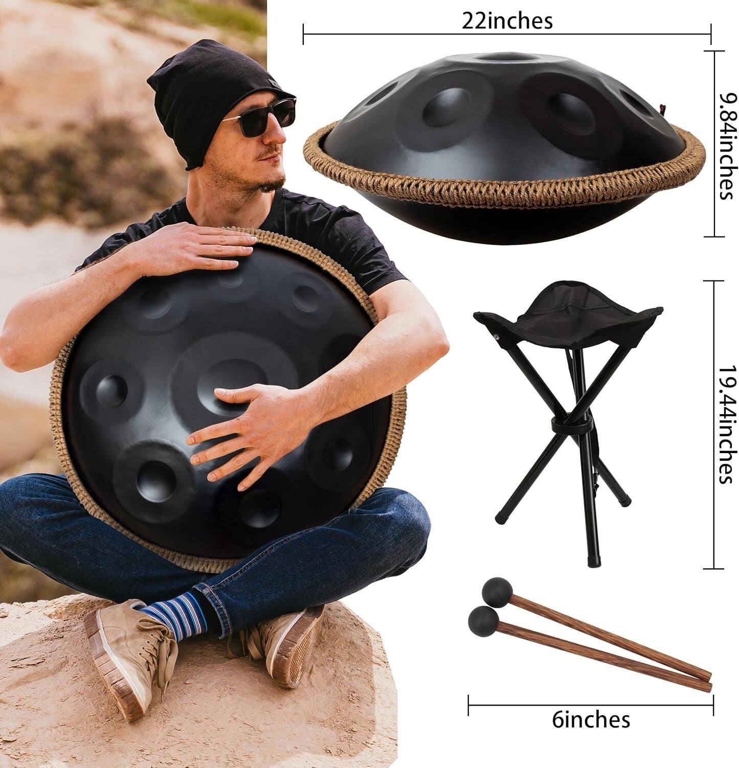 Portable 22" Black Hand Pan Drum Set - Ideal for Outdoor Performances & Healing