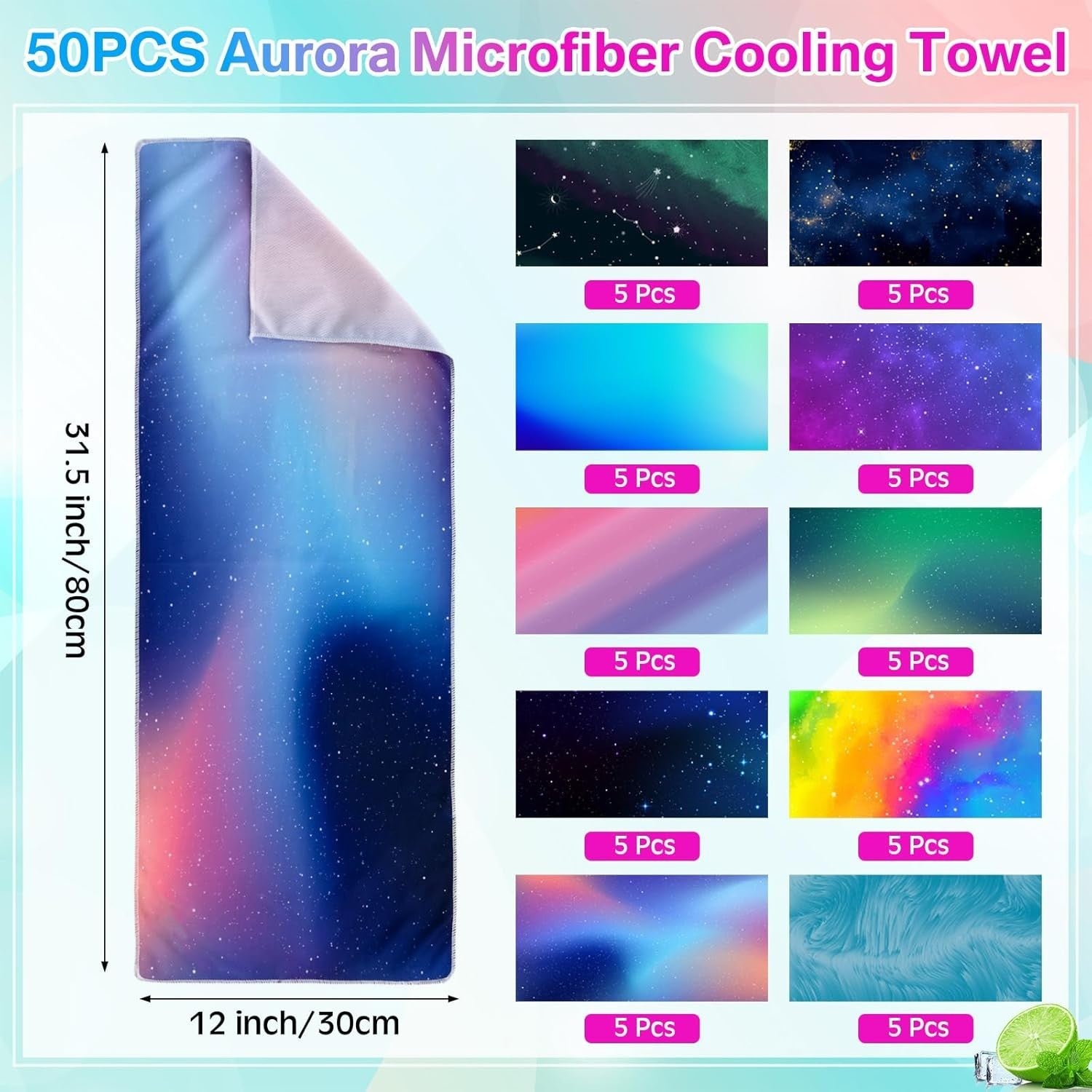 Breathable Polyester Cooling Towels - 50-pack of Soft 32x12 Inch Chilly Cloths