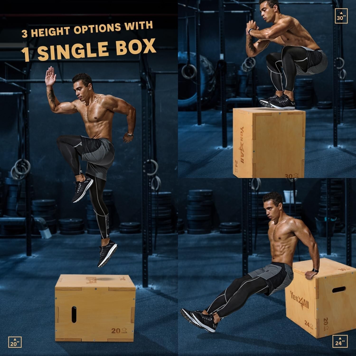 Adjustable Wooden Plyo Box for Safe Home Workouts – 3 Height Options Available