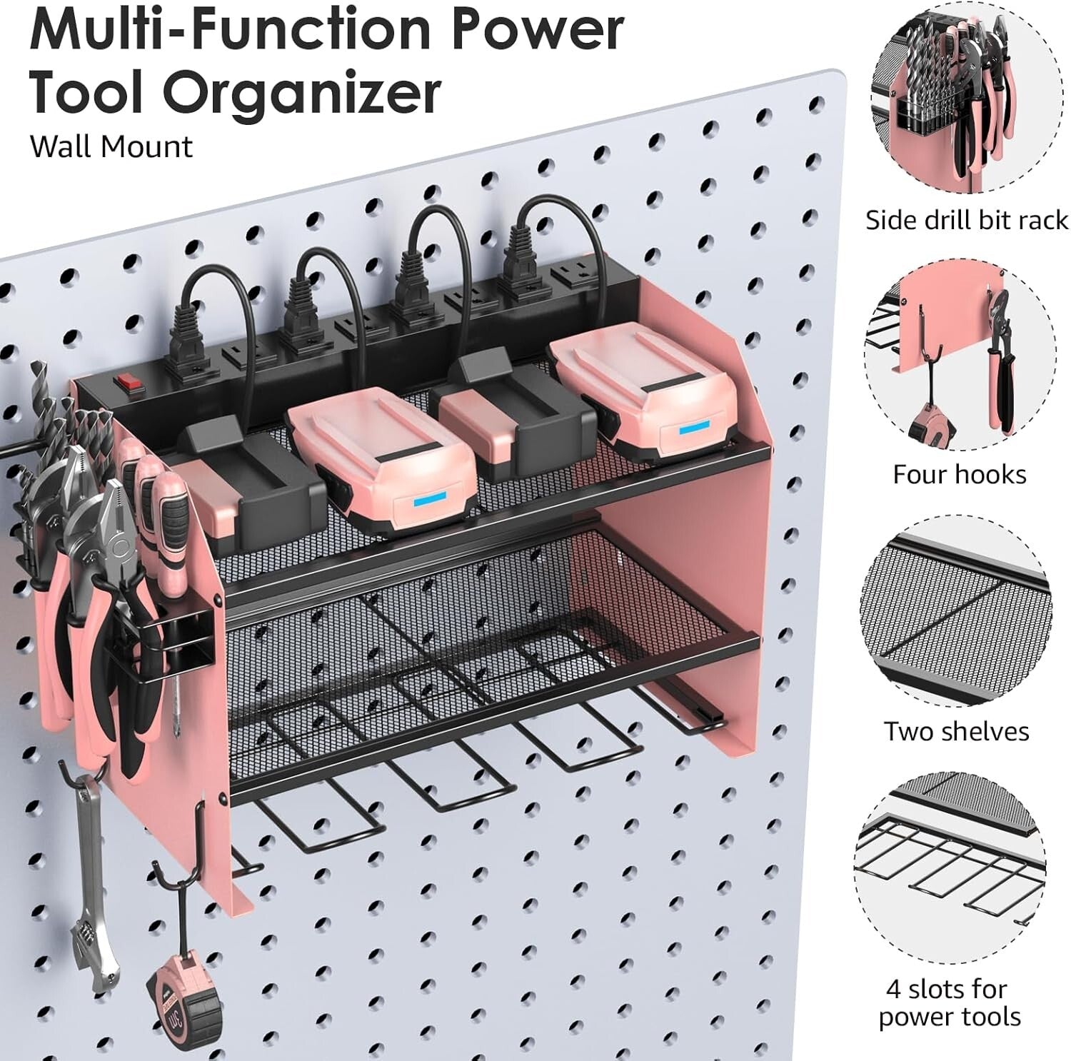 Heavy-Duty Power Tool Storage Shelf with Hooks and Built-in Charging Station
