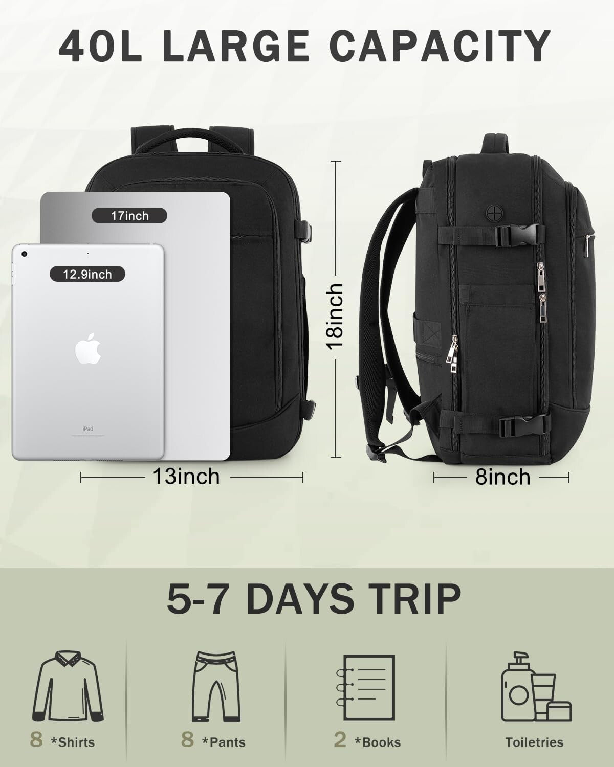 Ergonomic Travel Backpack with Packing Cubes - 40L Waterproof Adventure Bag