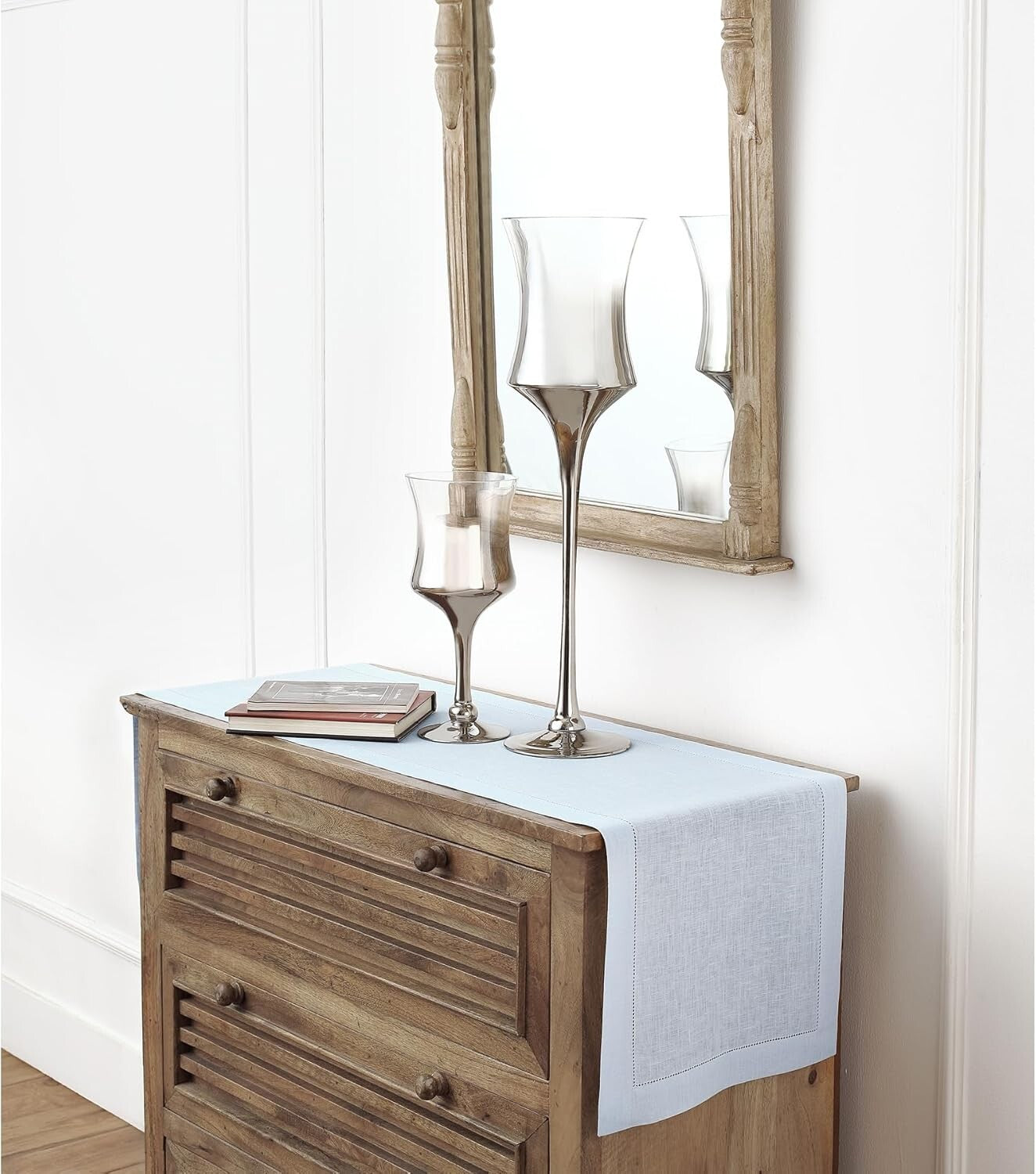 Elegant Light Blue 14 x 132 Inches Pure Linen Table Runner - Classic Hemstitch