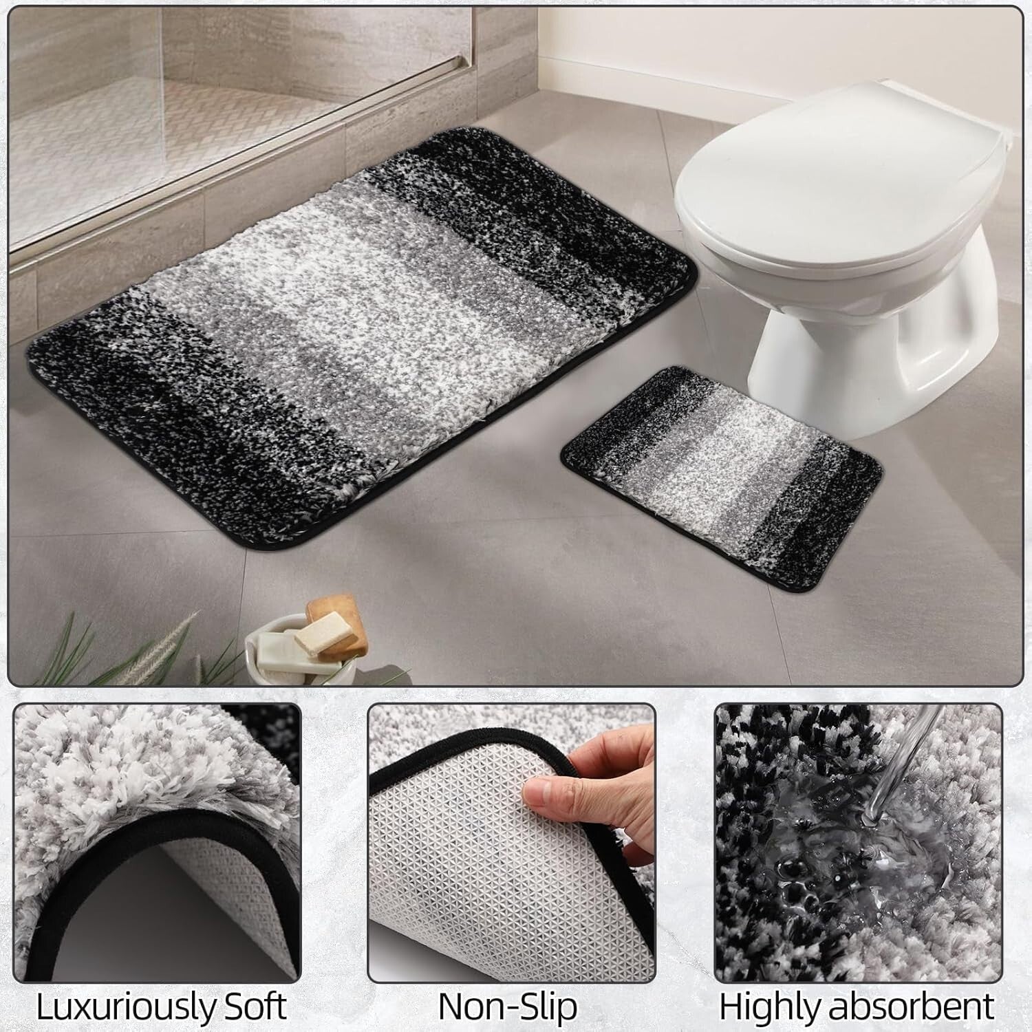24-Piece Luxury Bathroom Set with Waterproof Shower Curtain & Rugs - Black/White