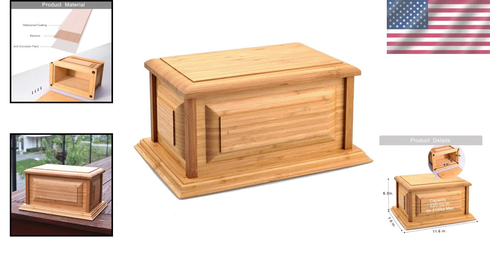 Eco-Friendly Bamboo Urn for Adult Ashes - 200 lbs Capacity, Sliding Opening