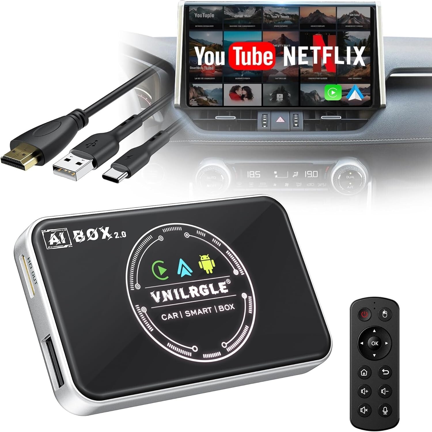 Seamless Streaming Wireless Adapter for CarPlay & Android Auto - Remote Included