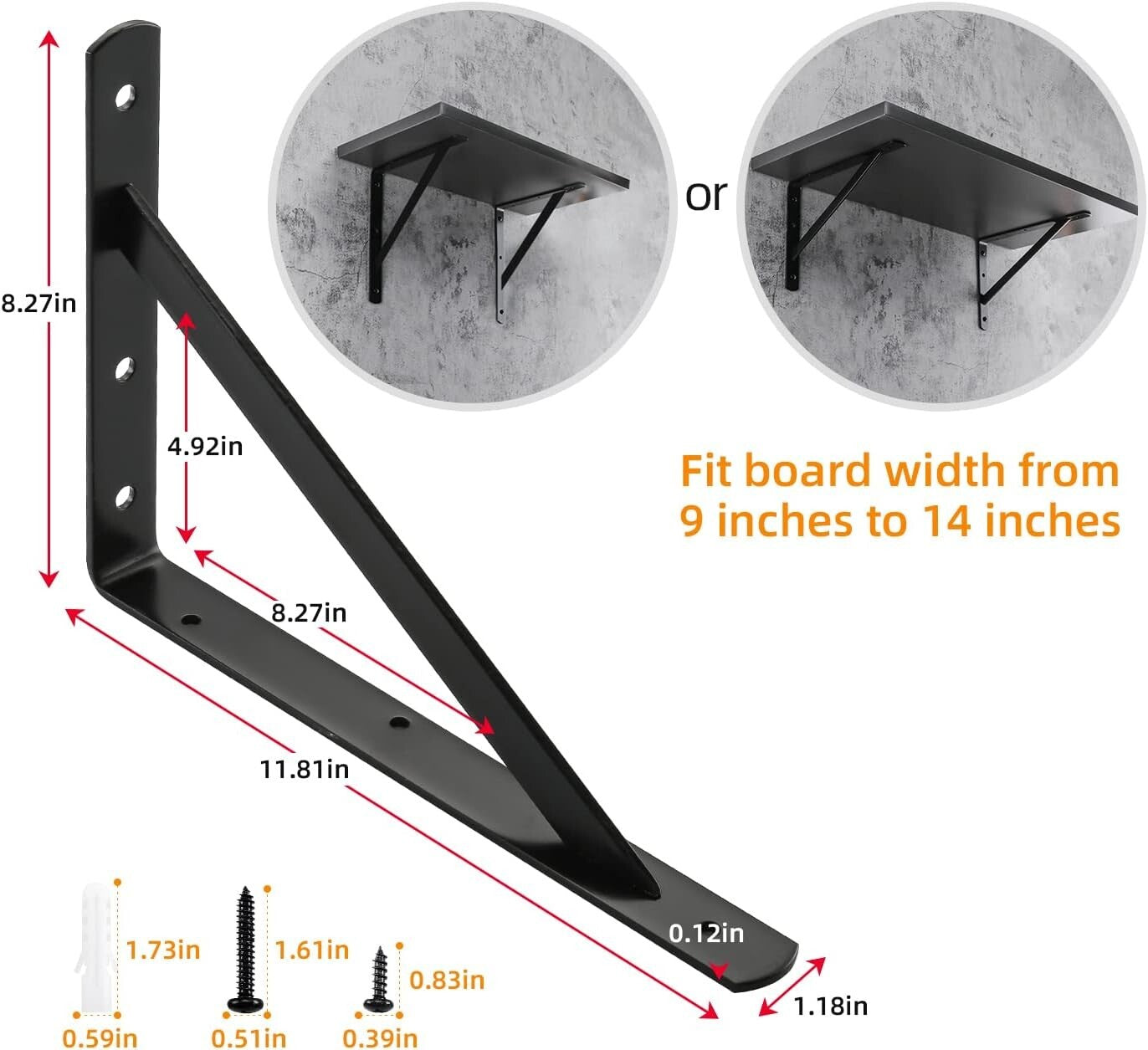 Durable Black Steel Shelf Brackets, 10-Pack 12" x 8" Heavy Duty 600 lb Support