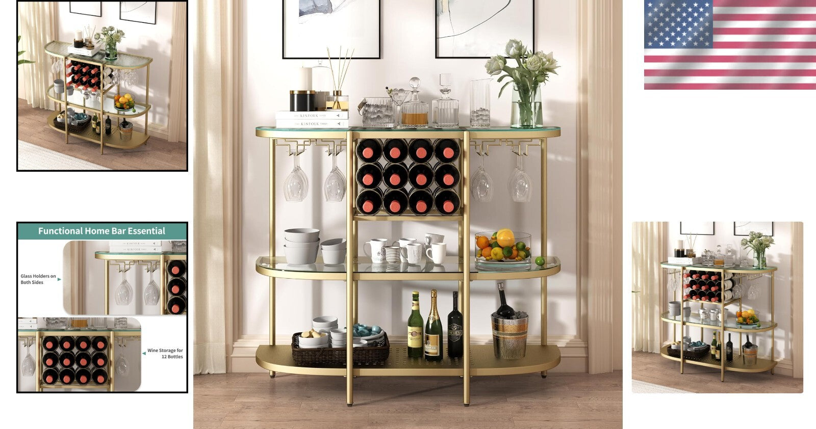 Compact Modern Gold Bar Table with 12-Bottle Wine Rack and Glass Holders