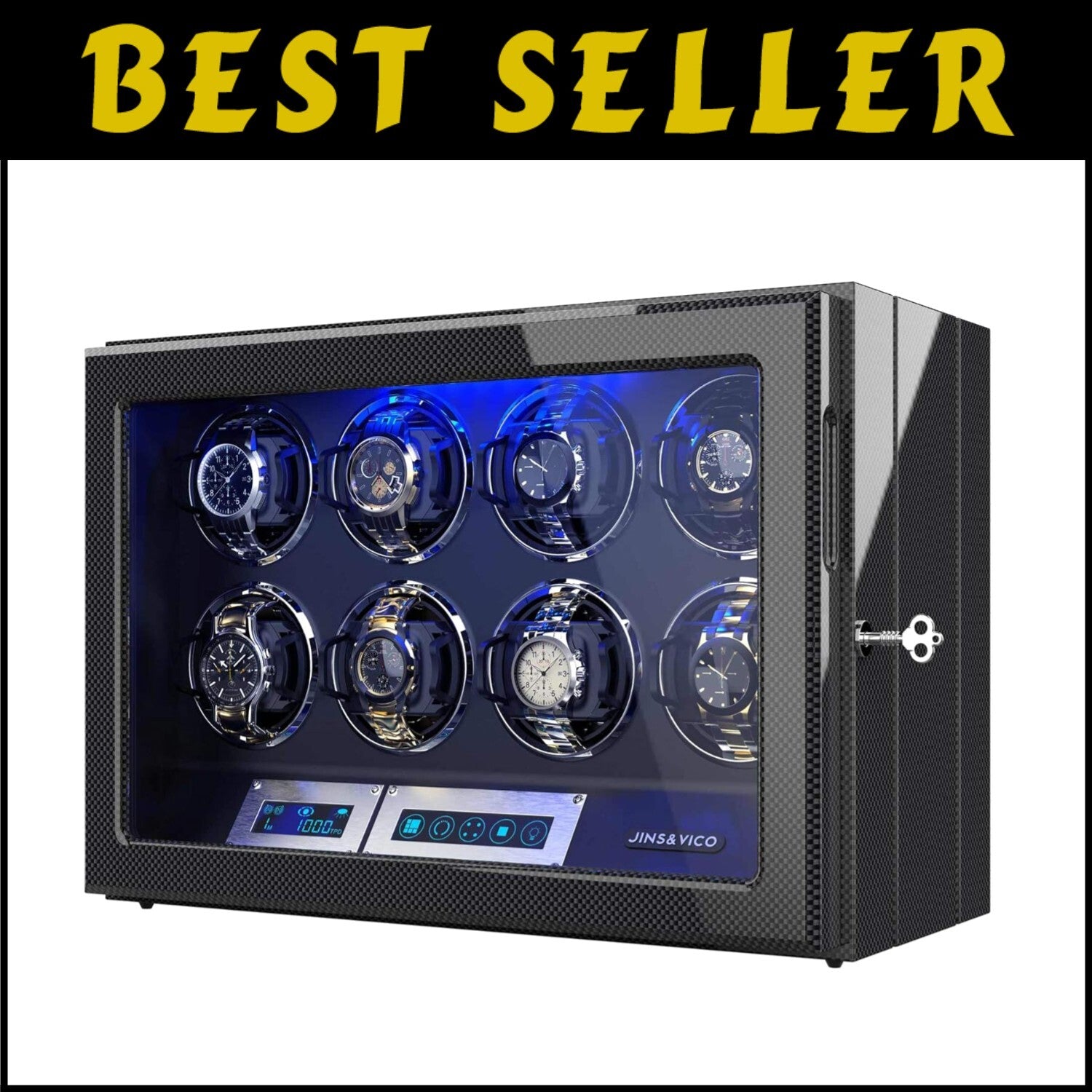 Elegant Watch Winder with 8 Adjustable Pillows & Built-in LED Light - Gift Ready