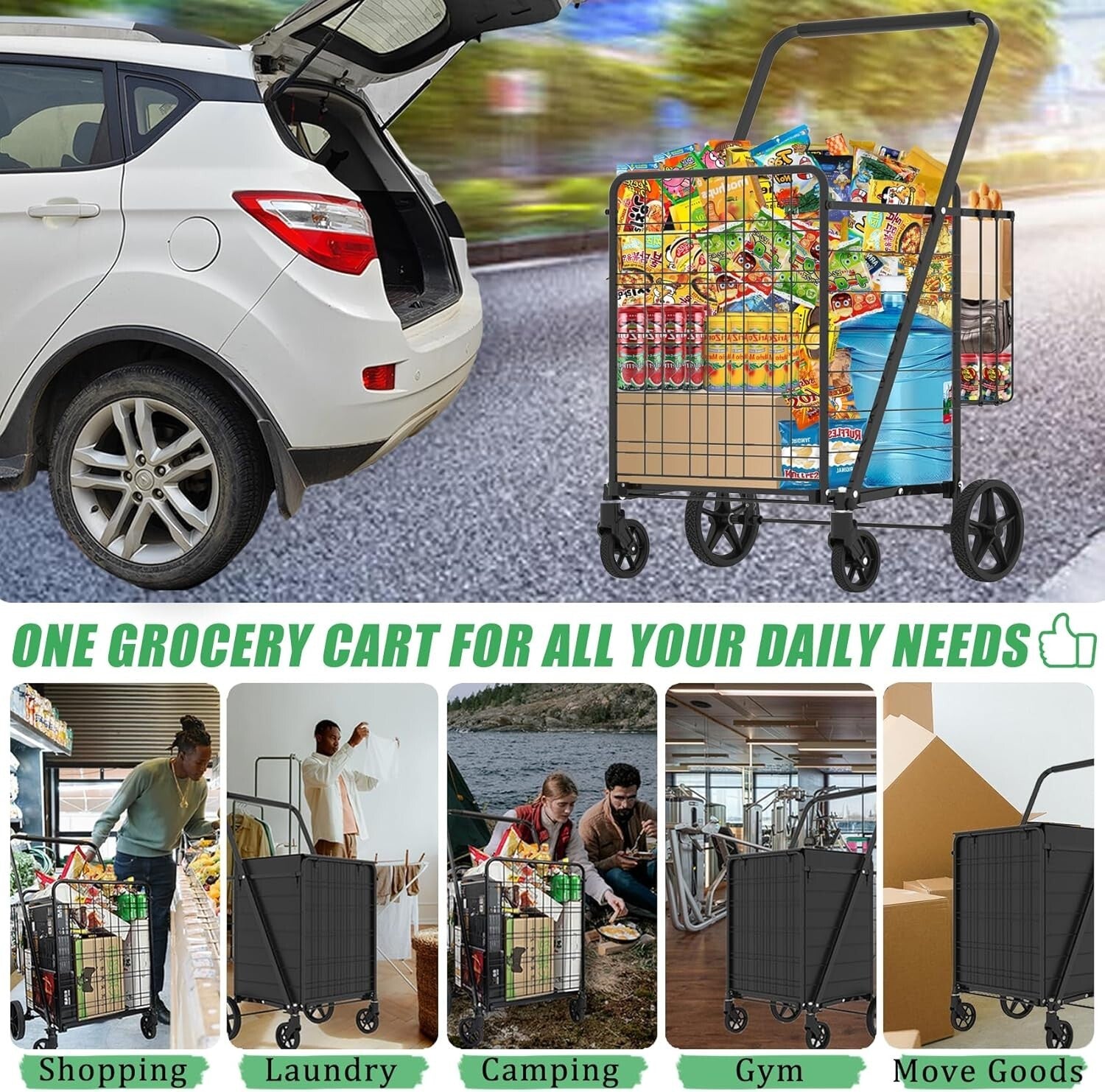 Heavy-Duty Folding Shopping Cart - 360° Swivel Wheels, Holds 440 LBS