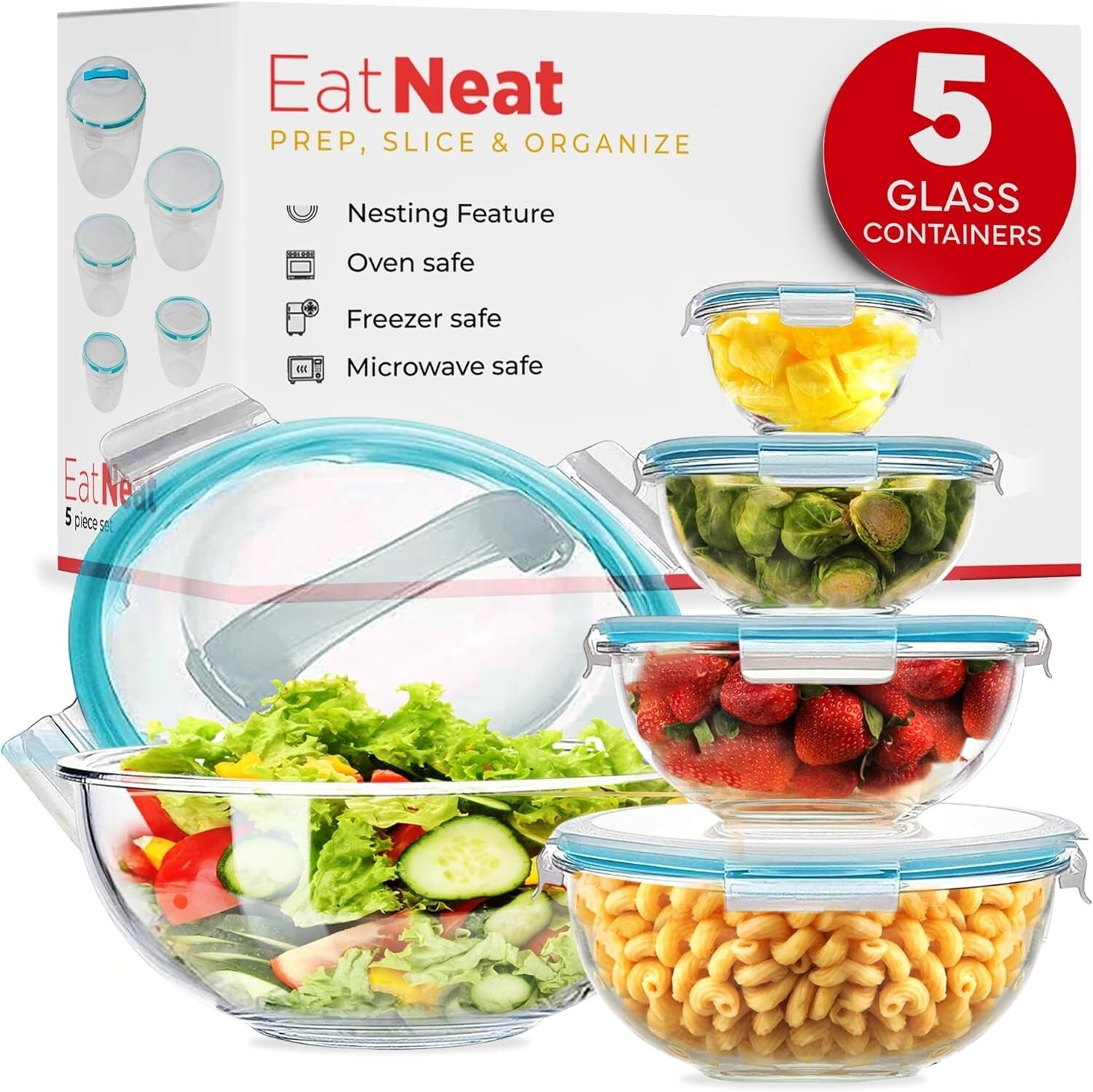 Versatile 5-Piece Glass Bowls with Locking Lids for Meal Prep & Storage