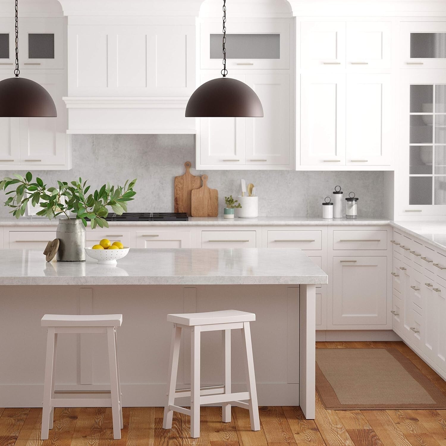 Set of 2 Solid Wood Saddle-Seat Kitchen Barstools - 24 inch White Counter Height