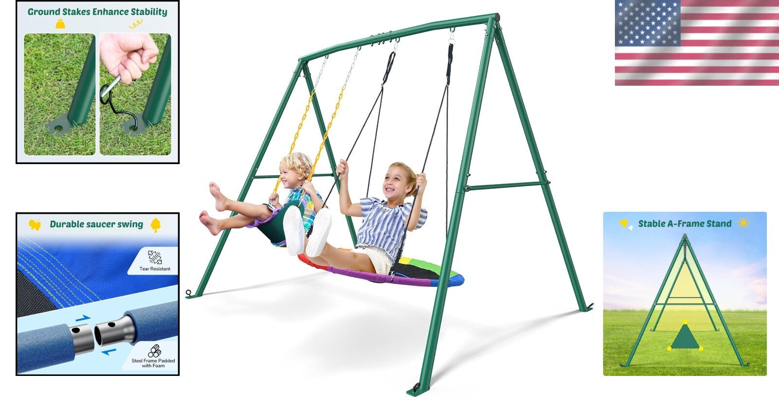 Premium Outdoor A-Frame Swing Set - Includes Saucer & Belt Swing, Easy Assembly