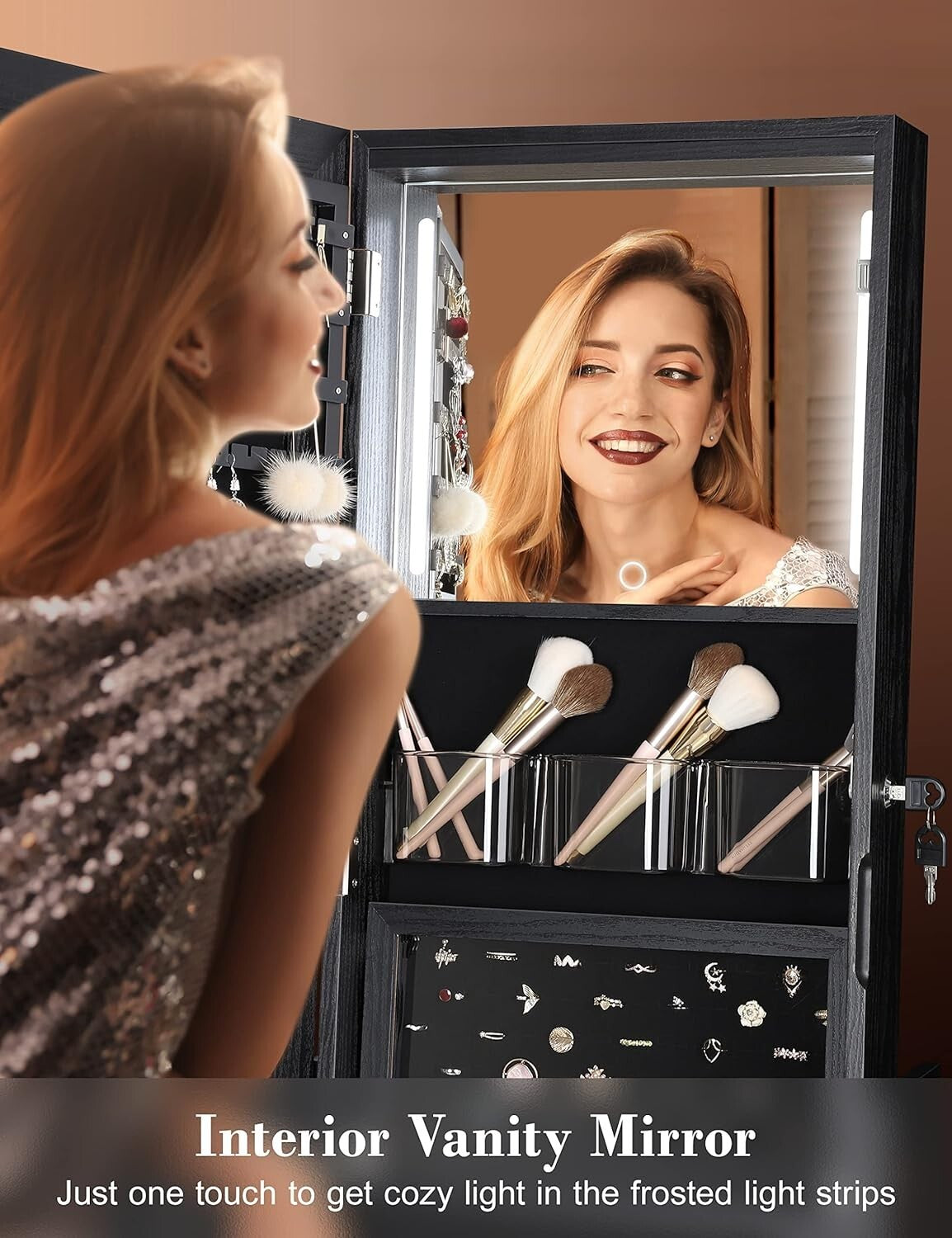 360° Swivel Lighted Jewelry Cabinet with Touch Screen Vanity Mirror - Black