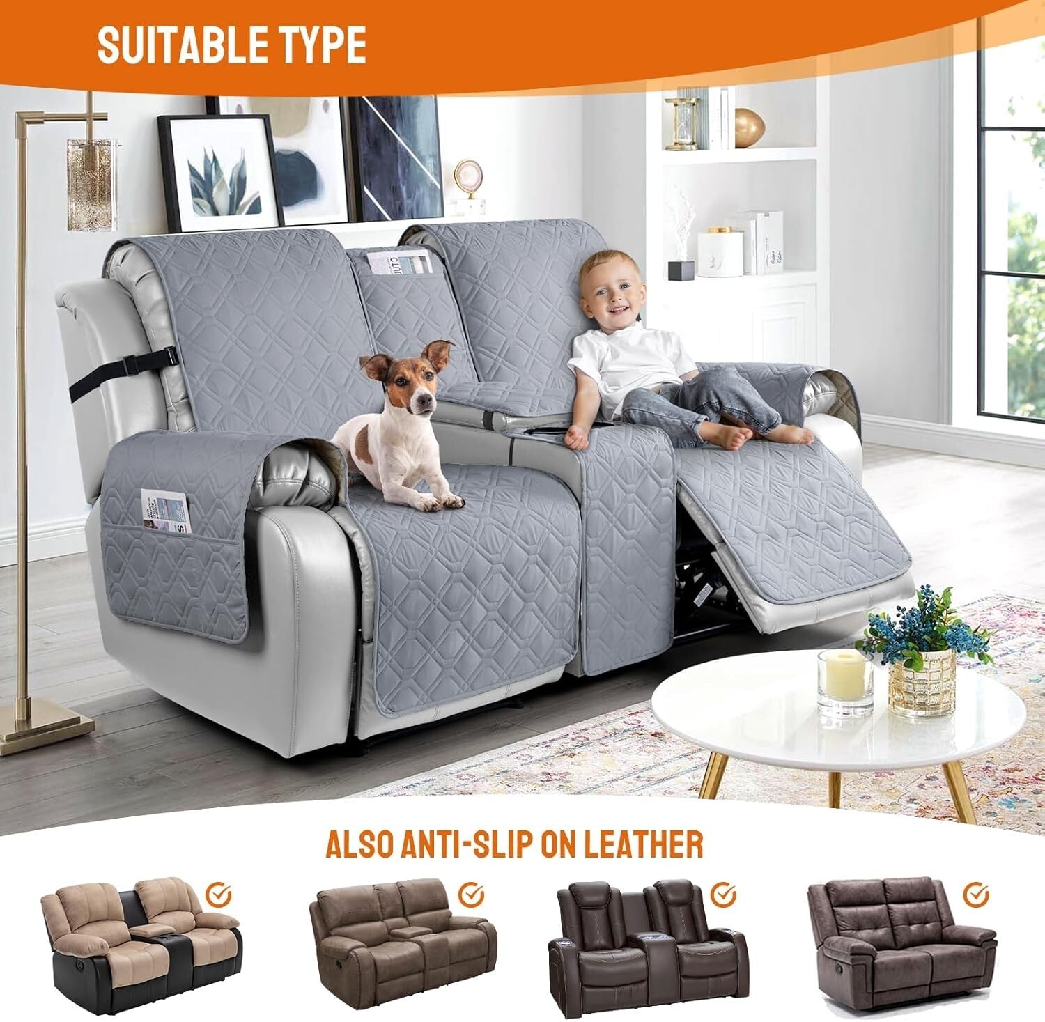 Slip-Resistant Two-Seater Recliner Cover with Console & Side Pockets - Easy Care