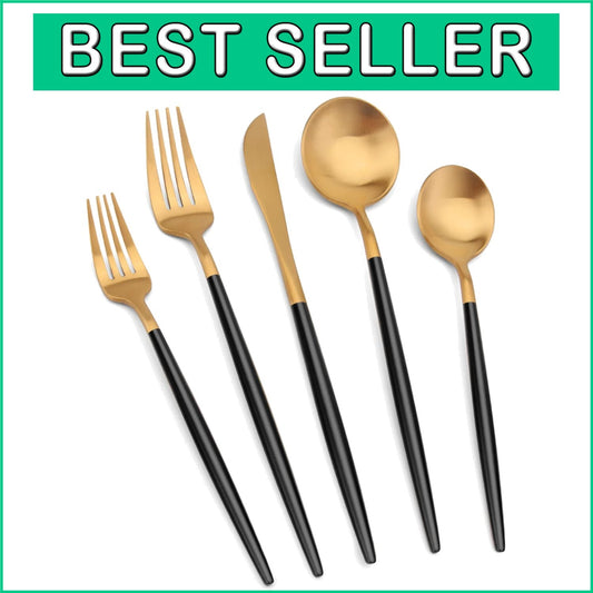 20-Piece Matte Gold & Black Silverware Set – Modern Cutlery for Elegant Dining