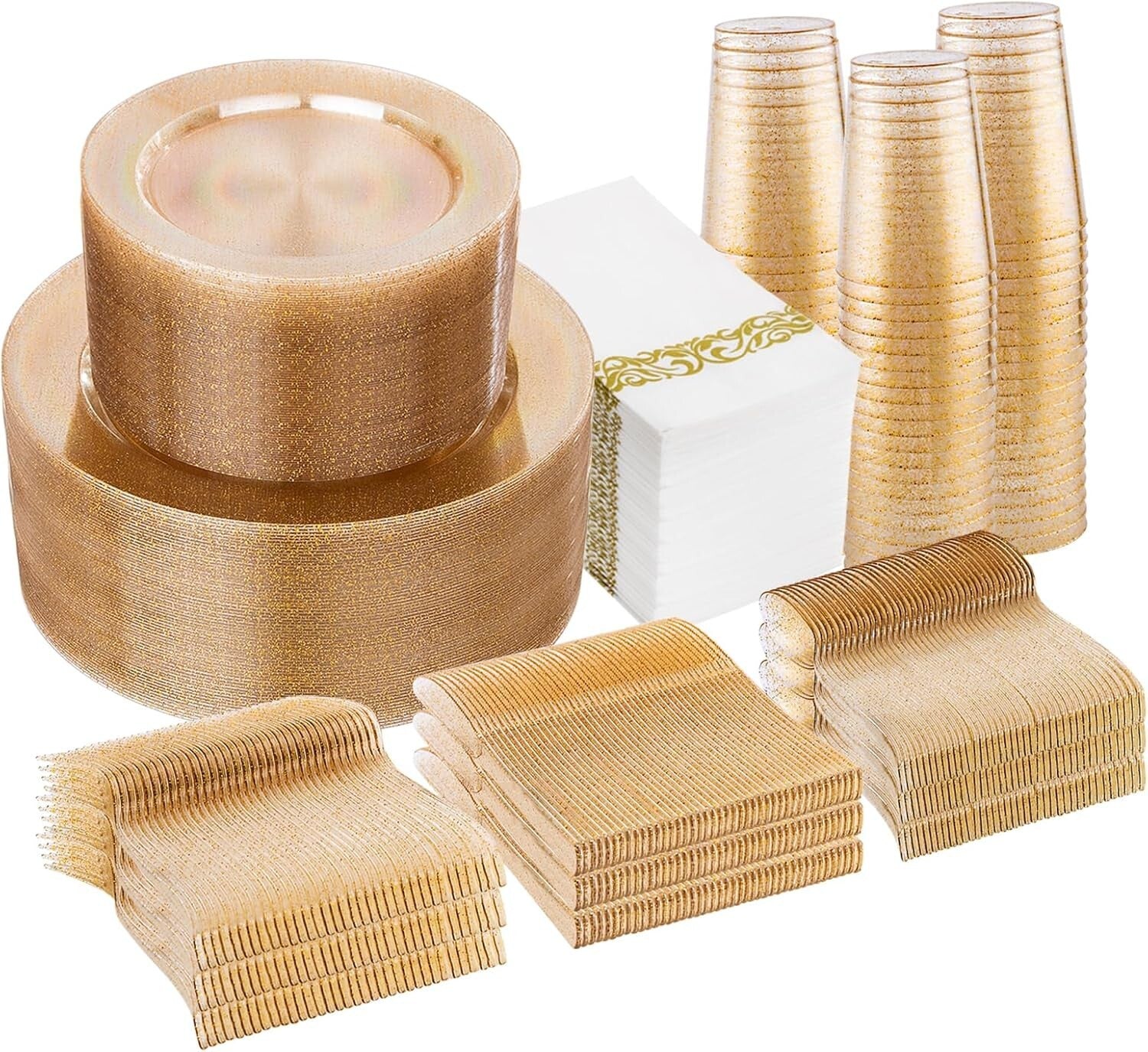 Elegant 700-Piece Disposable Gold Glitter Plates, Cups & Silverware Set