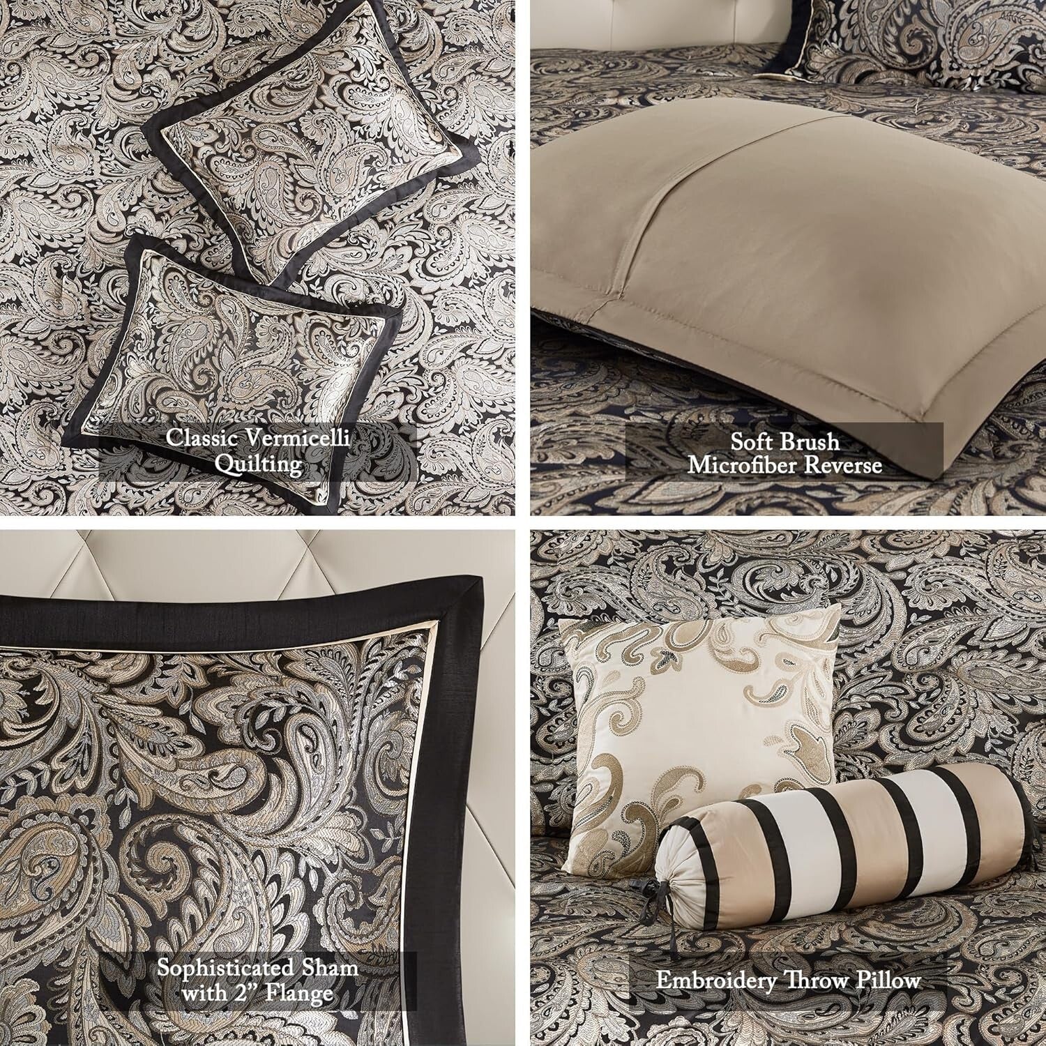 5-Piece Black Quilted Bedding Set with Decorative Pillows - All Season Comfort