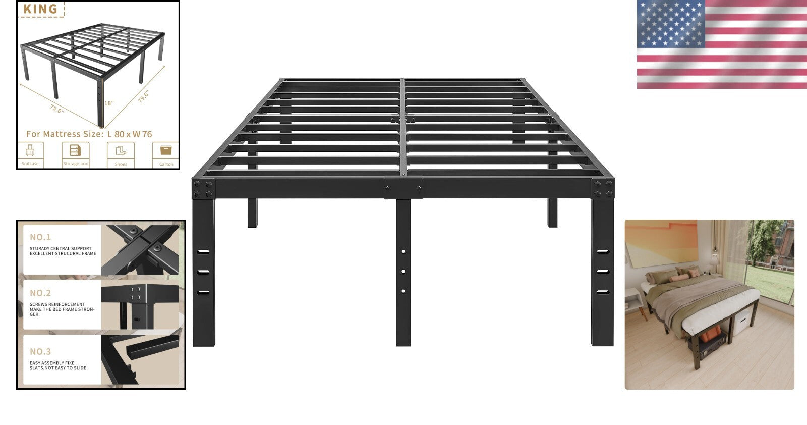 Sleek King Size Metal Bed Frame - Squeak Resistant with Ample Under-Bed Storage