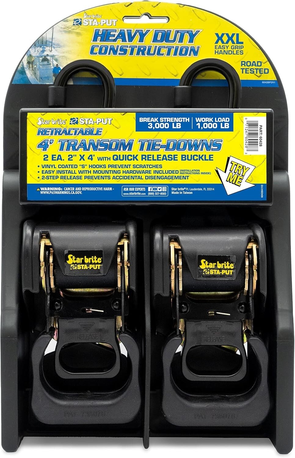 Secure Your Boat - 4' Heavy-Duty Retractable Tie-Downs with STA-PUT Technology