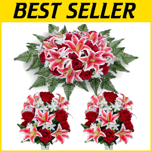 Elegant Artificial Cemetery Flower Saddle with 3 Bouquets for Headstone Decor