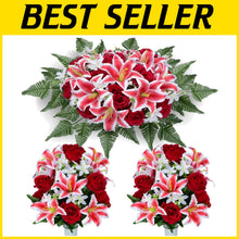 Load image into Gallery viewer, Elegant Artificial Cemetery Flower Saddle with 3 Bouquets for Headstone Decor
