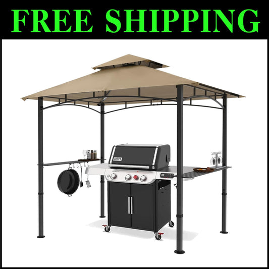 Elegant 8 x 5 Outdoor Canopy Grill Gazebo with Two Shelves and LED Lighting