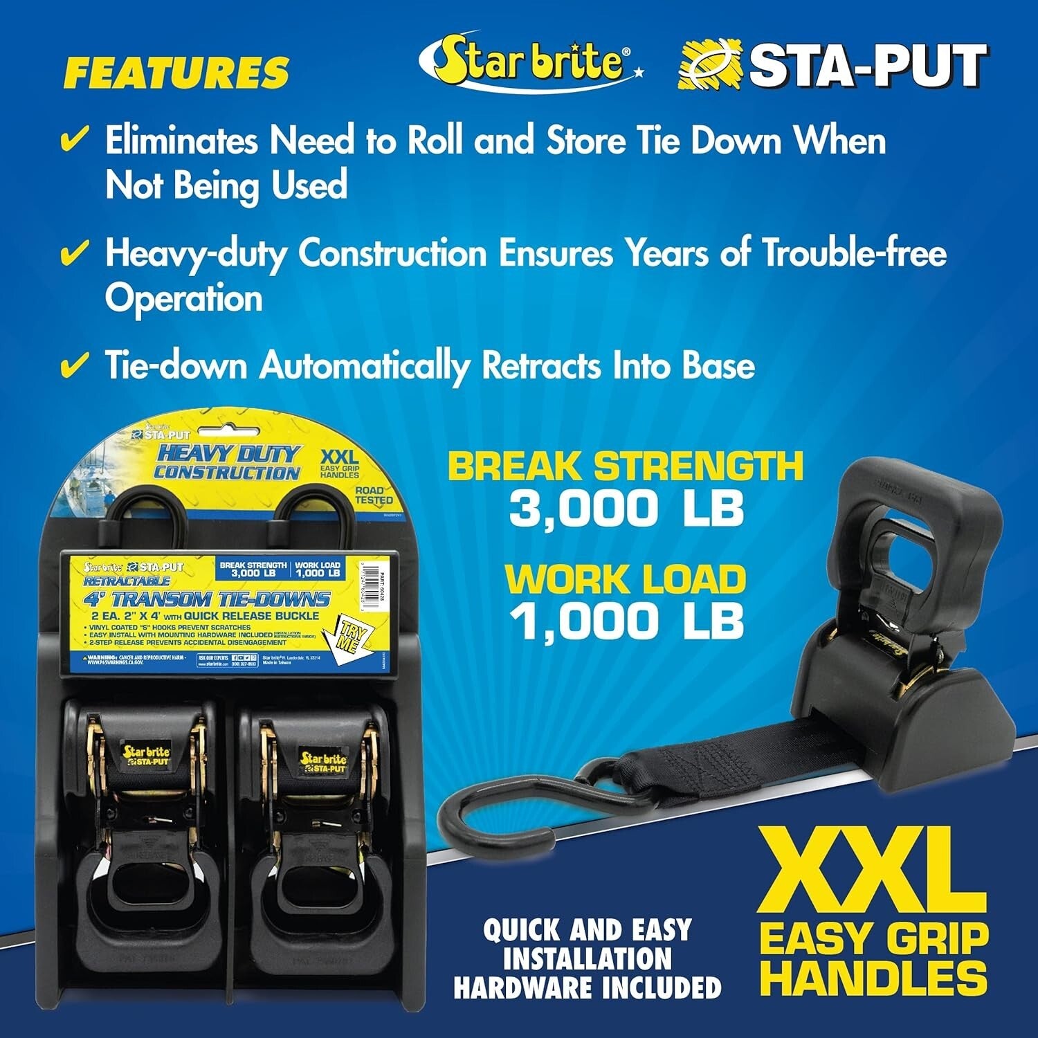 Secure Your Boat - 4' Heavy-Duty Retractable Tie-Downs with STA-PUT Technology