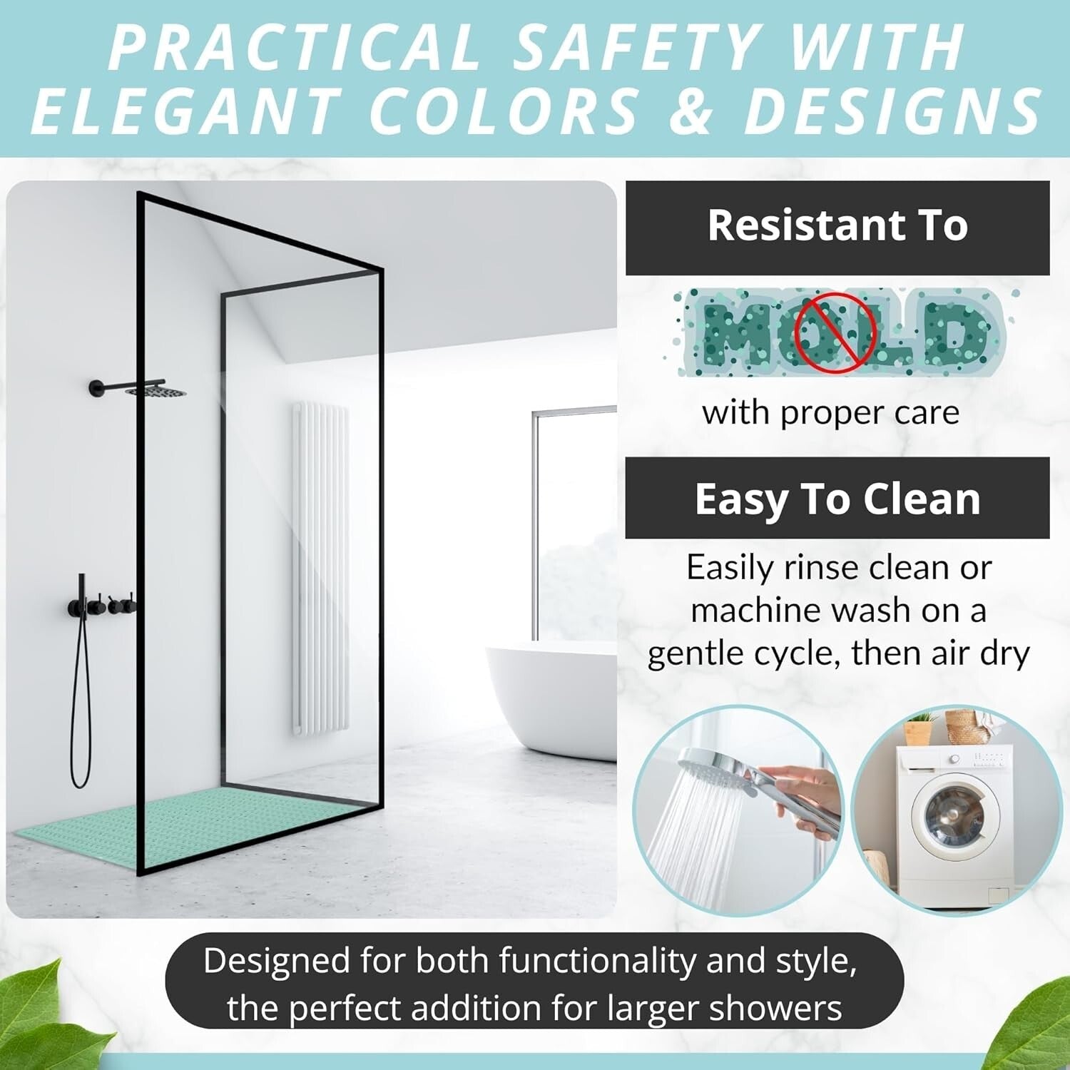 Extra Large Non-Slip Shower Mat 47 x 32 - Aqua Green Bath Safety Solution