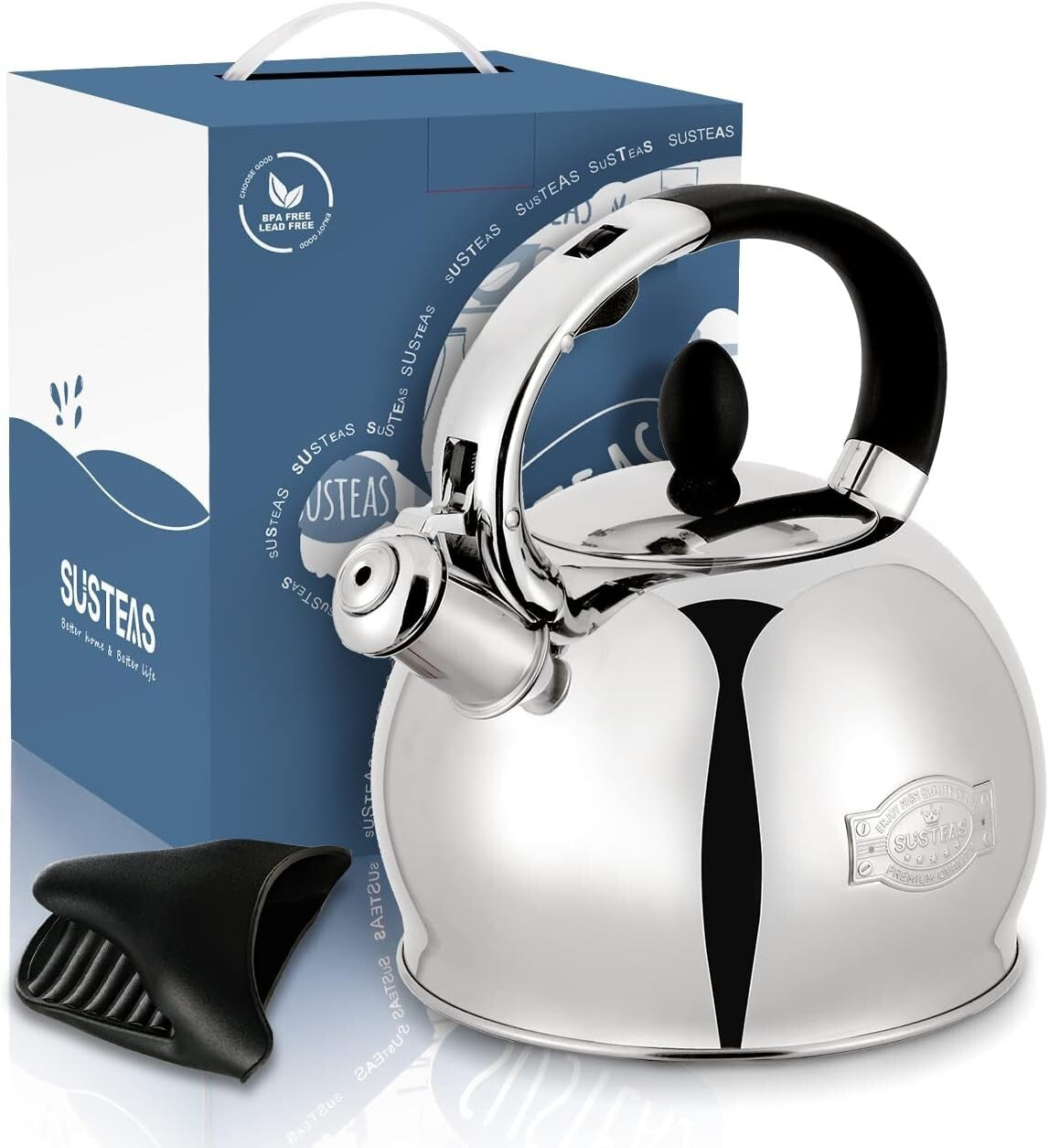 Elegant 2.64 Qt Whistling Stove Top Kettle with Anti-Scald Mitt for Safe Pouring