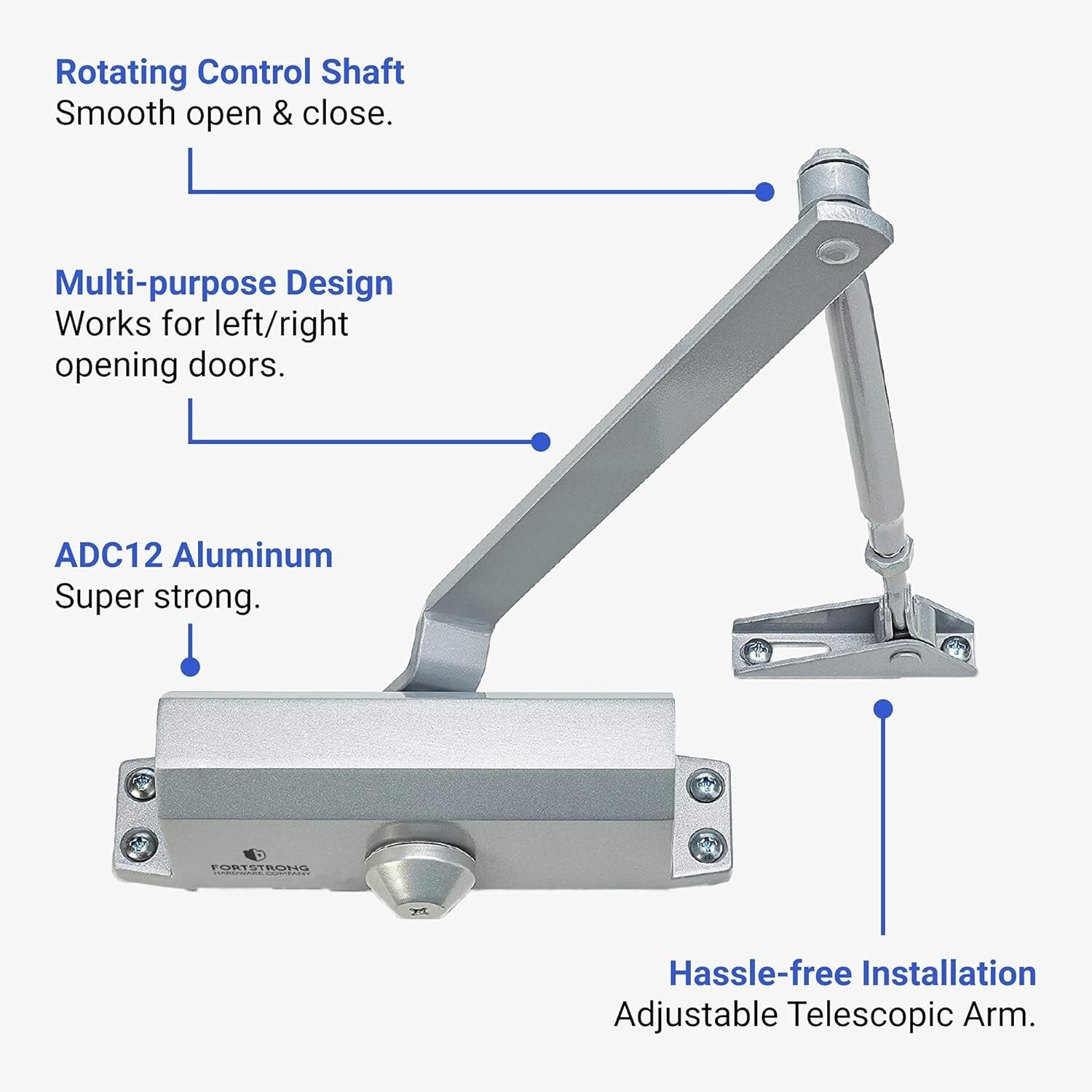 Adjustable Silver Hydraulic Door Closer - UL Certified for Home or Business