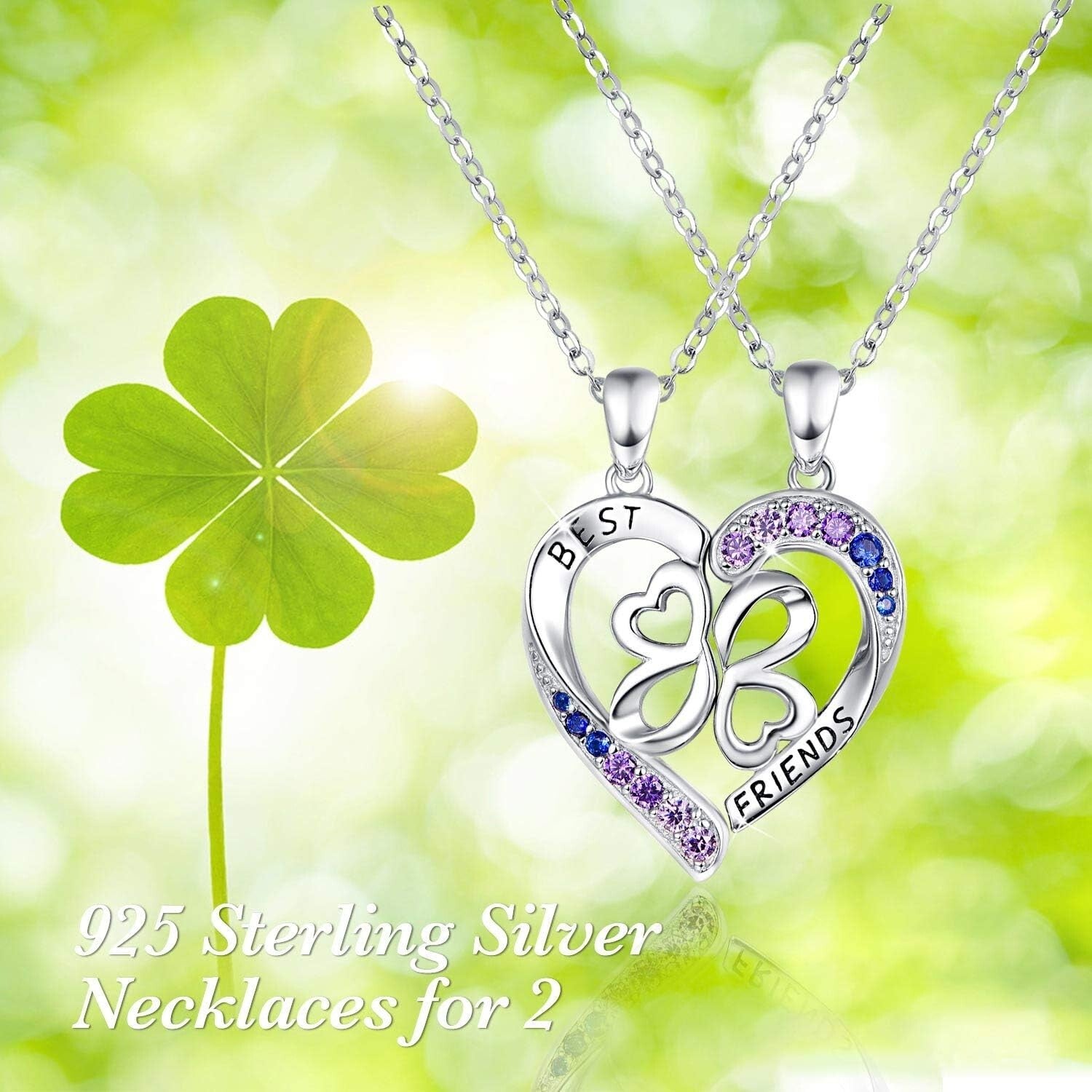 Charming Best Friend Necklaces in Sterling Silver with Heart and Gemstone Detail