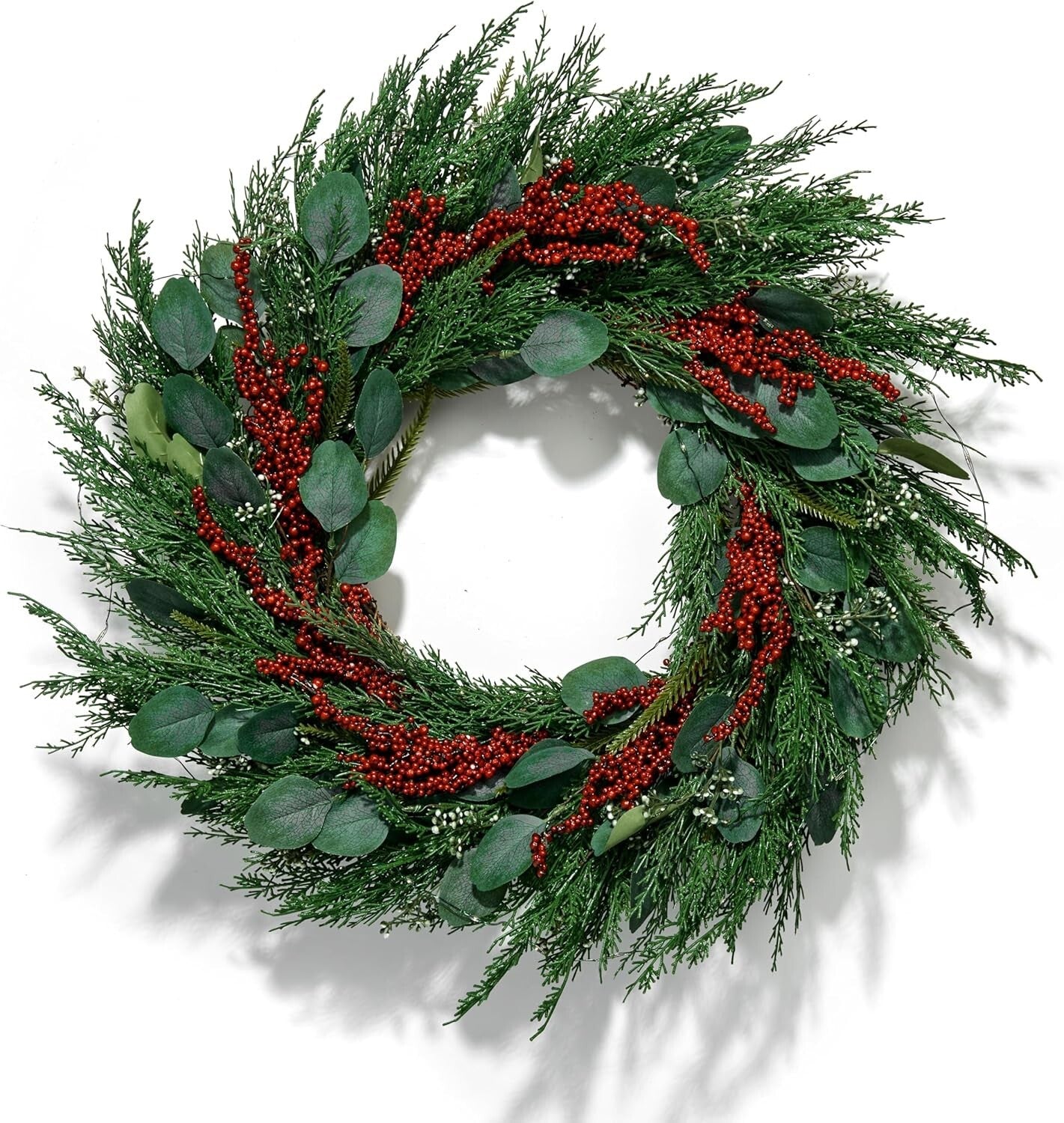 Battery-Powered 24 Inch Winter Wreath with Red Berries & Timer - Farmhouse Style