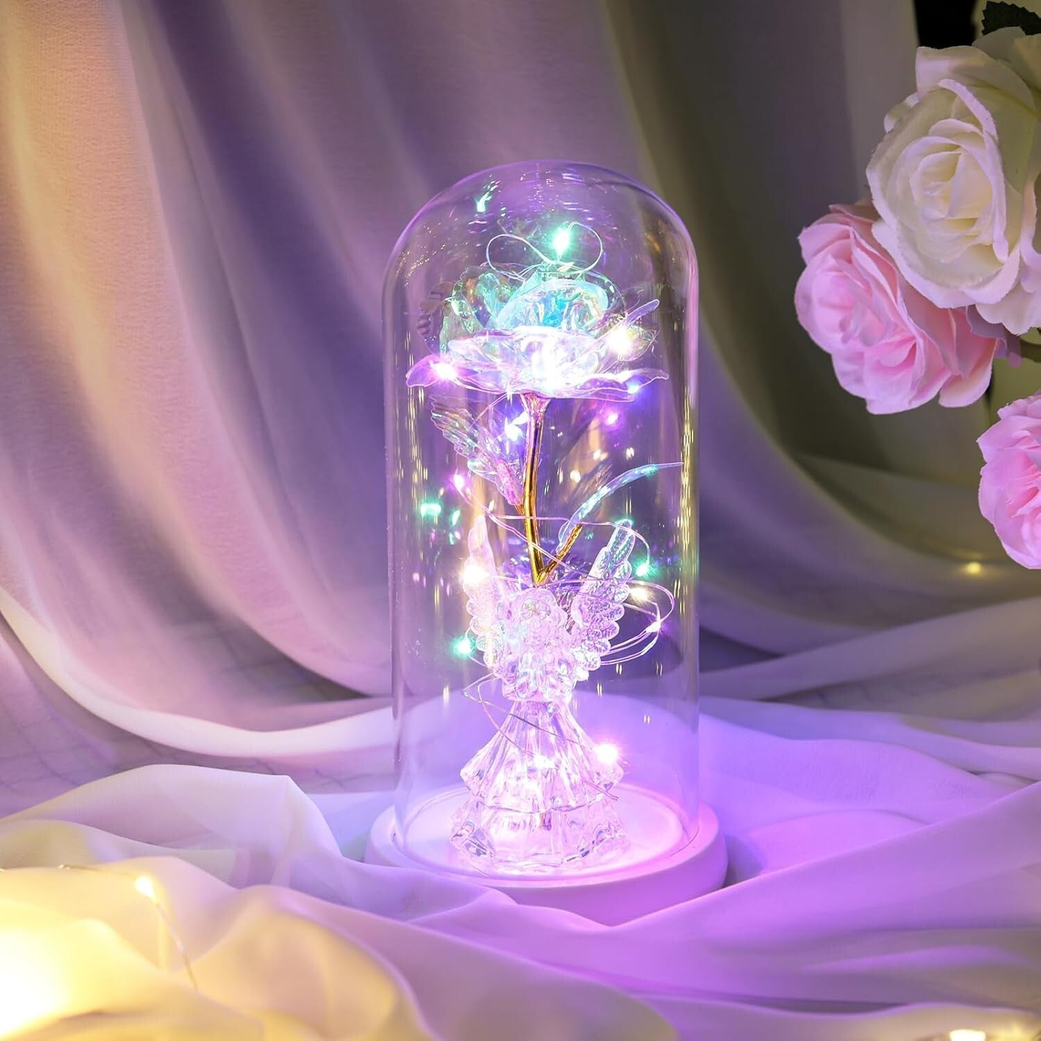 Charming Preserved Rose and Angel Figurine in Glass Dome - Versatile Home Decor