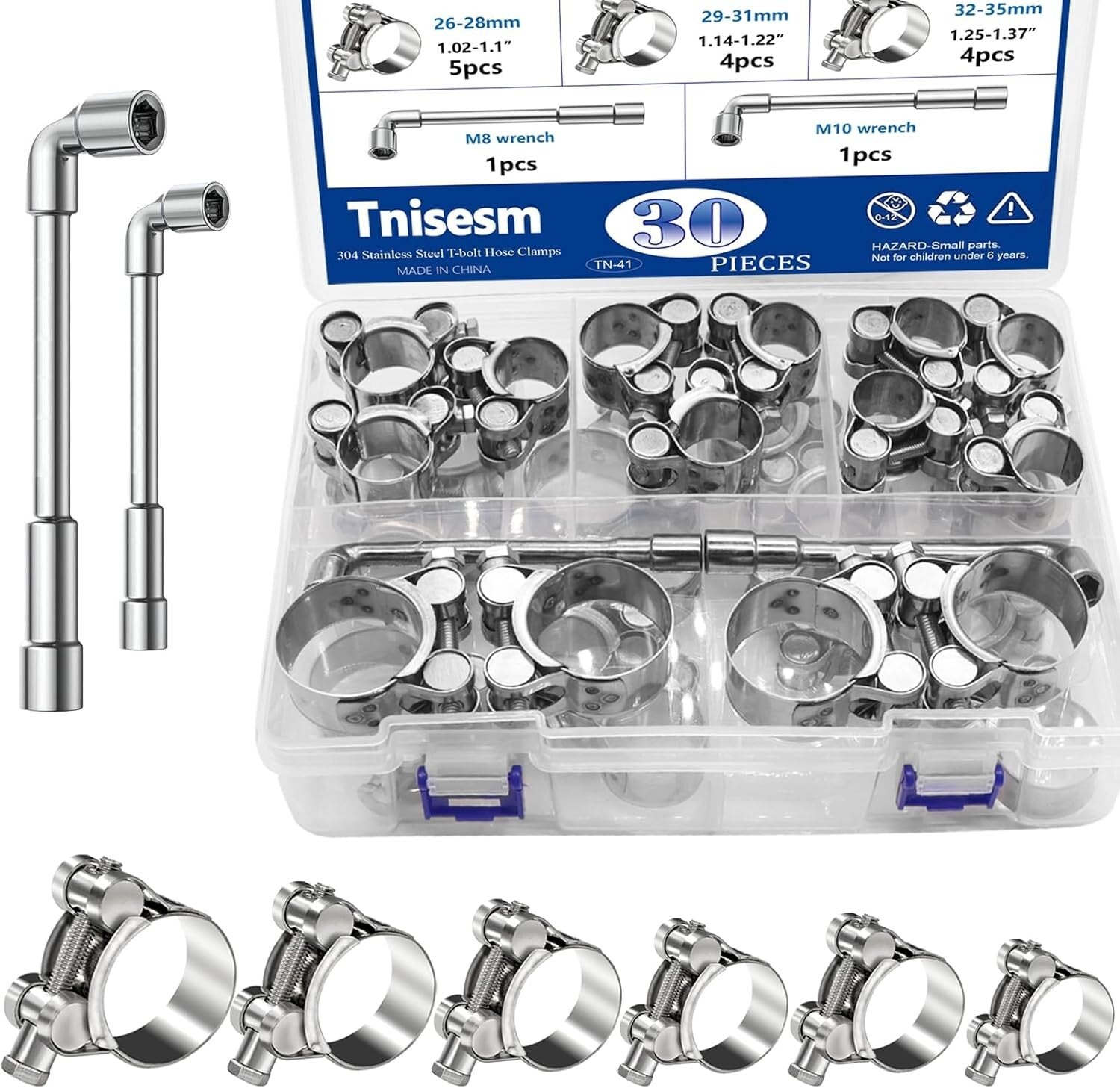 Adjustable 304 Stainless Steel T-Bolt Hose Clamps - 6 Sizes, M8 & M10 Wrenches
