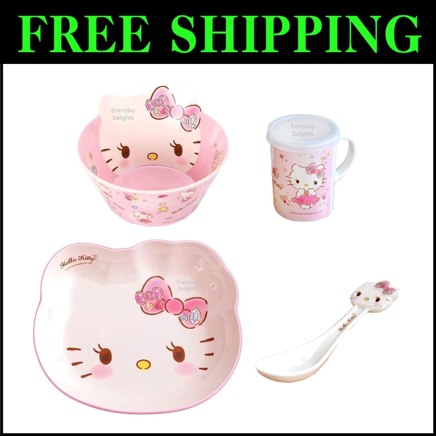 Durable Pink Hello Kitty Dinnerware Set – Bowl, Plate, Cup & Spoon for Kids