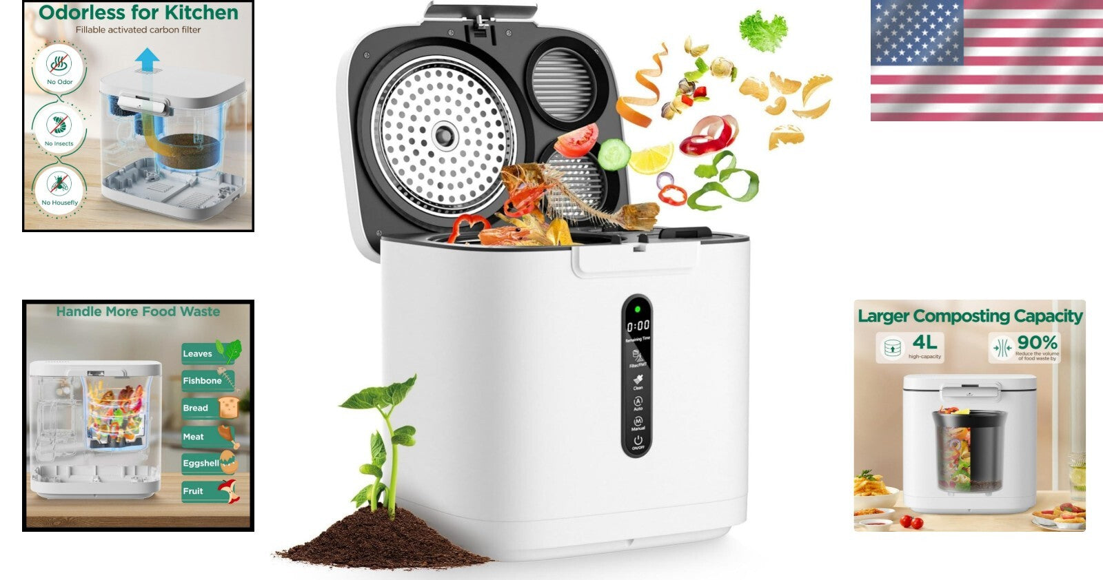 4L Stainless Steel Compost Bin - Fast Waste Recycling with Intelligent Features