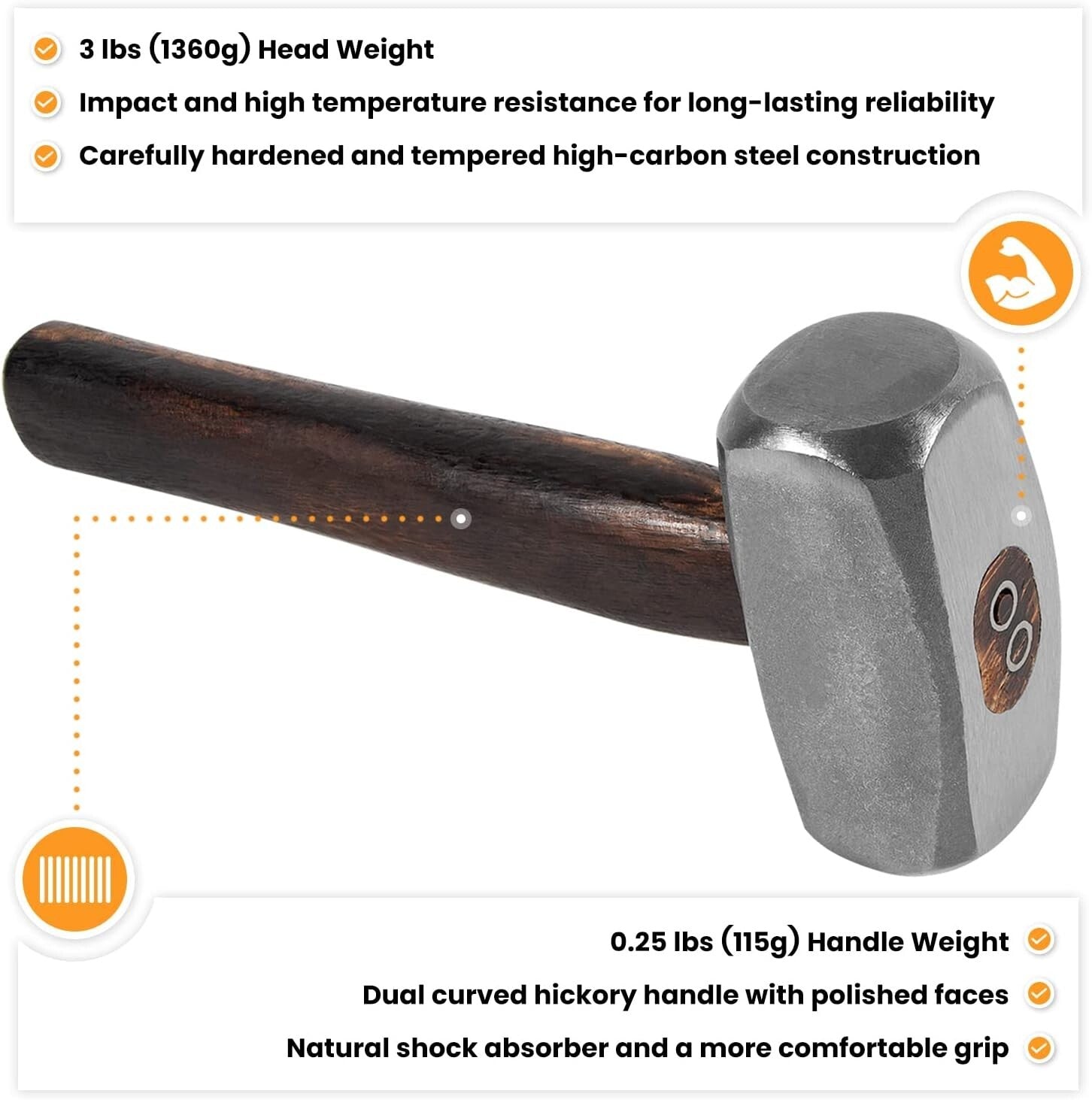 3lb Professional Blacksmith Hammer – Ergonomic Hickory Handle, Alloy Steel Head