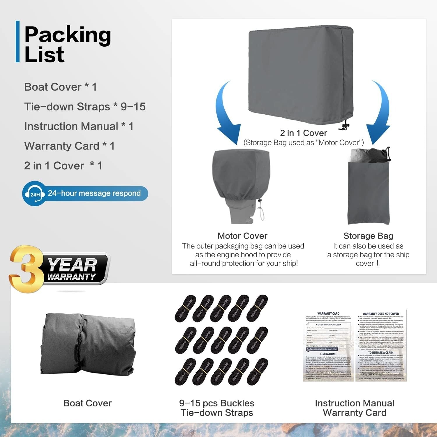 Durable Water-Resistant Boat Cover for 24-26 ft V-Hull Boats - 3 Year Warranty