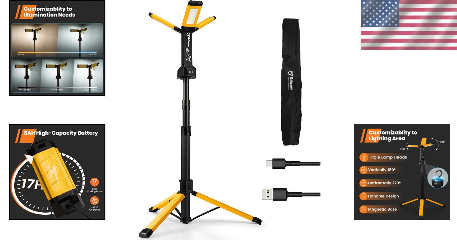 High-Power Work Light with Detachable Tripod - Ideal for Indoor & Outdoor Use