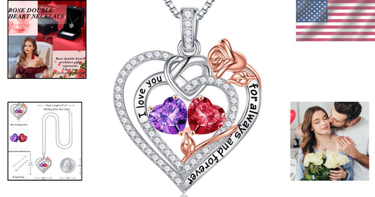 Forever Love Heart Necklace - 925 Silver Double Birthstone Jewelry Gift for Her