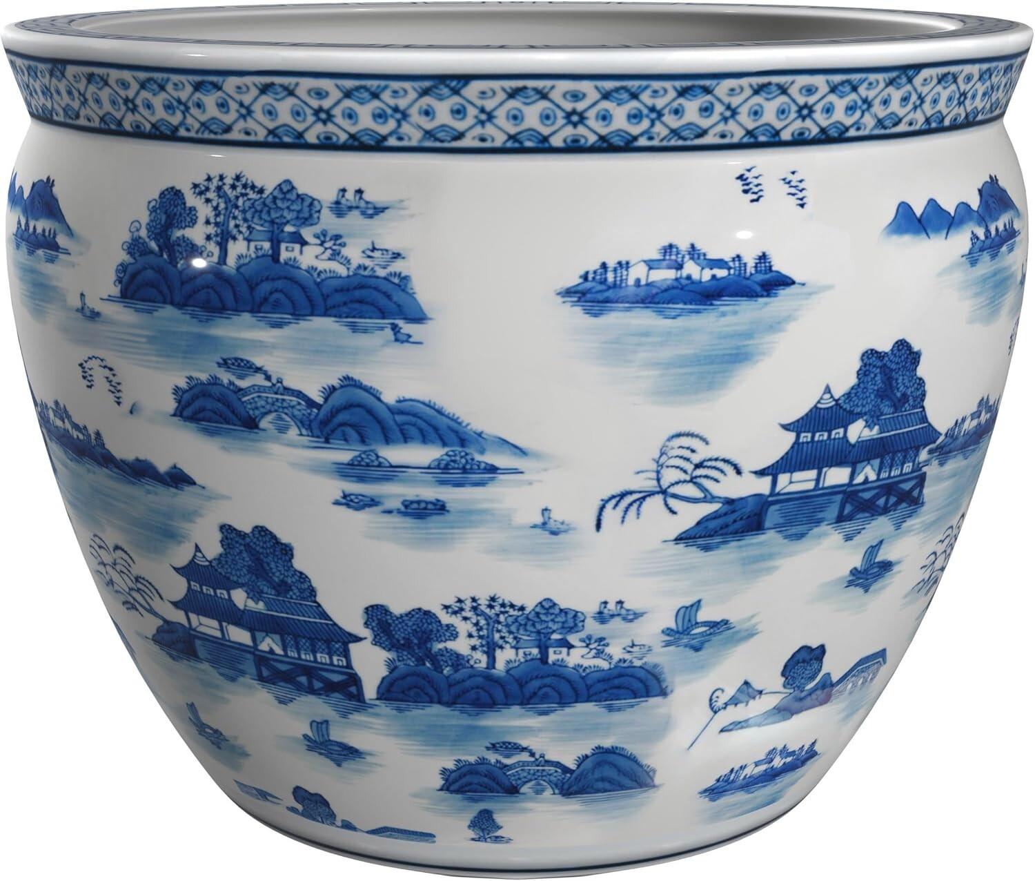 Artisanal 16" Floral Patterned Blue & White Fishbowl Planter – Timeless Elegance