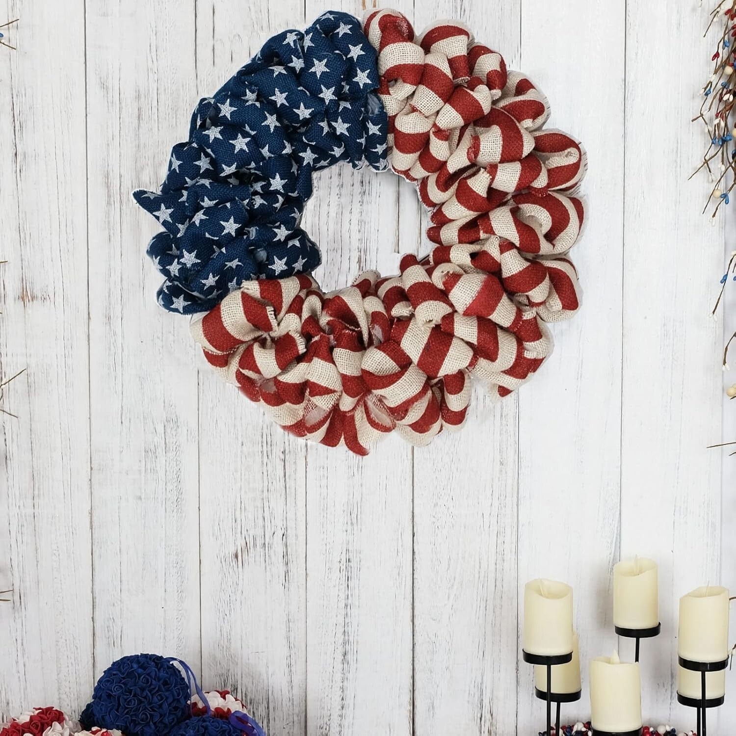 20-Inch Patriotic Burlap Wreath – Handcrafted 4th of July & Memorial Day Decor