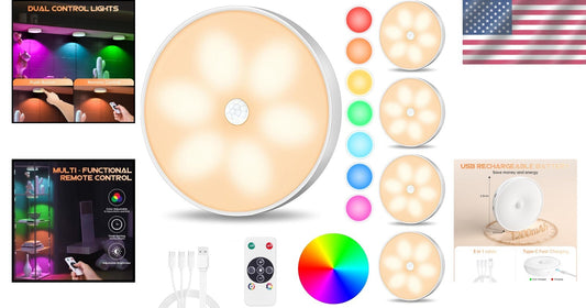 8 Color Changeable Wireless Motion Sensor Puck Lights - 5 Pack with USB Recharge