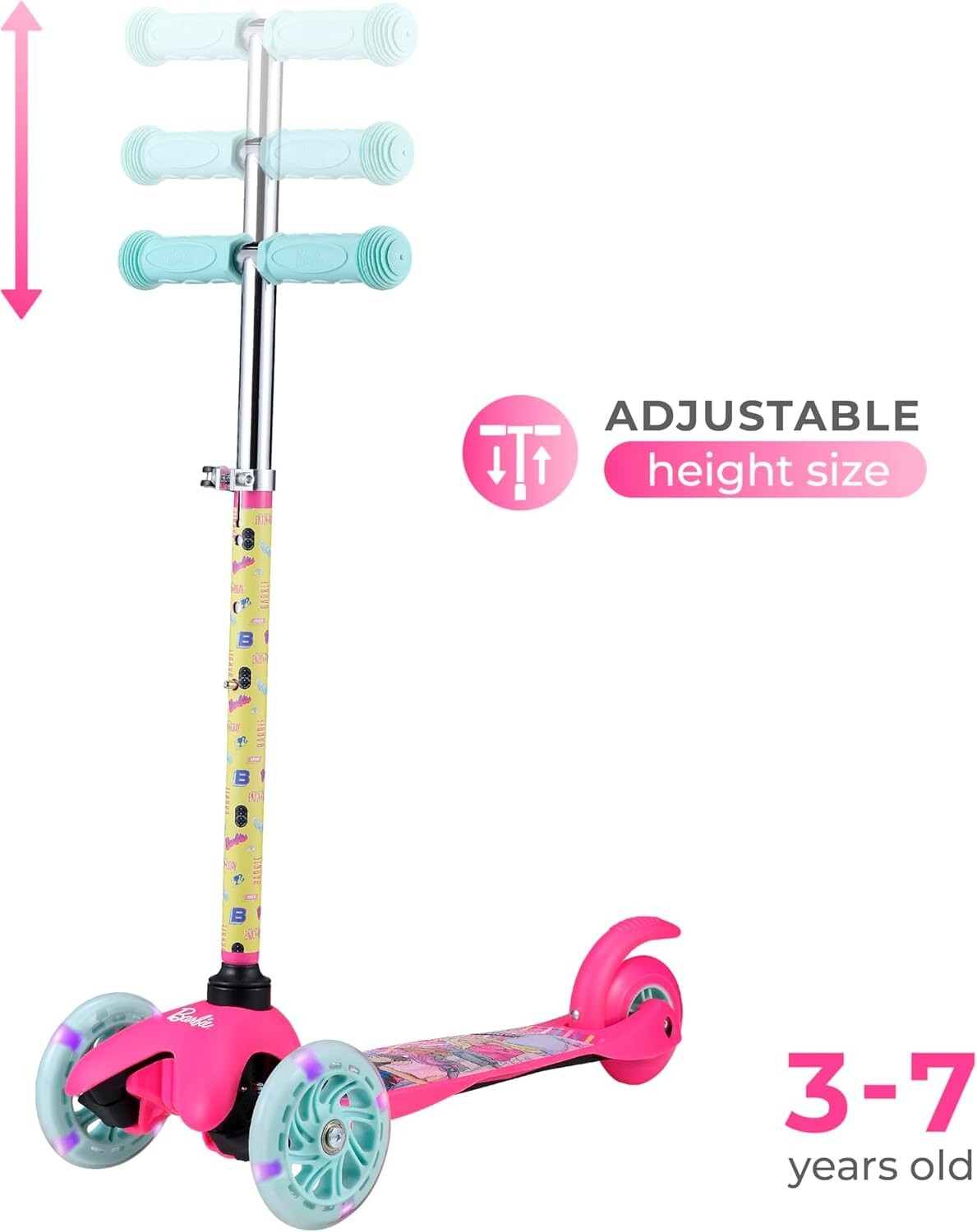 Durable & Fun Barbie Kids Scooter with Light-Up Wheels - Ages 3-7, Lean-to-Steer