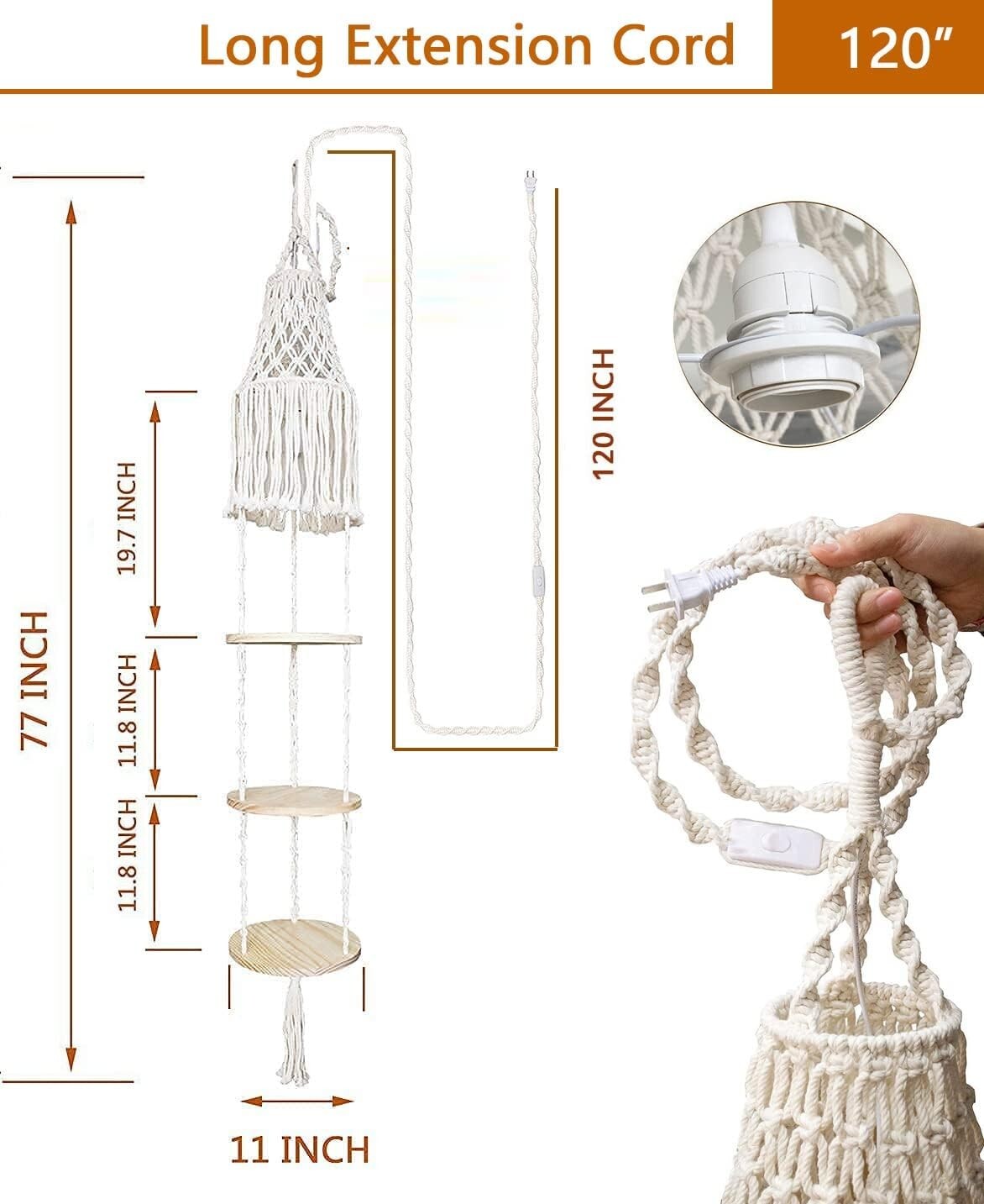 Boho Macrame 3-Tier Floating Shelf with Handwoven Lampshade & Light Socket