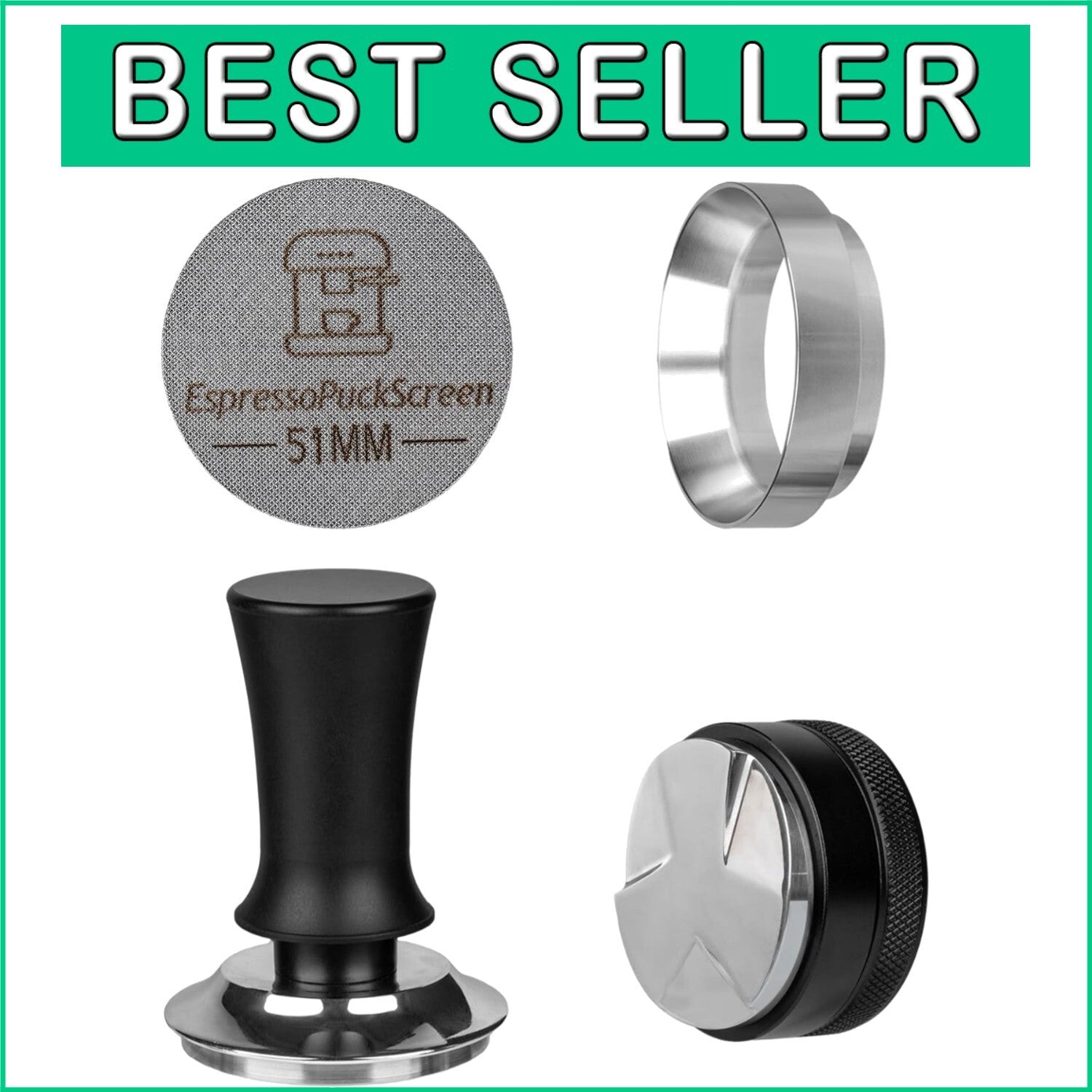 4-Piece Espresso Tools Kit - Adjustable 51mm Tamper, Distributor & Dosing Funnel