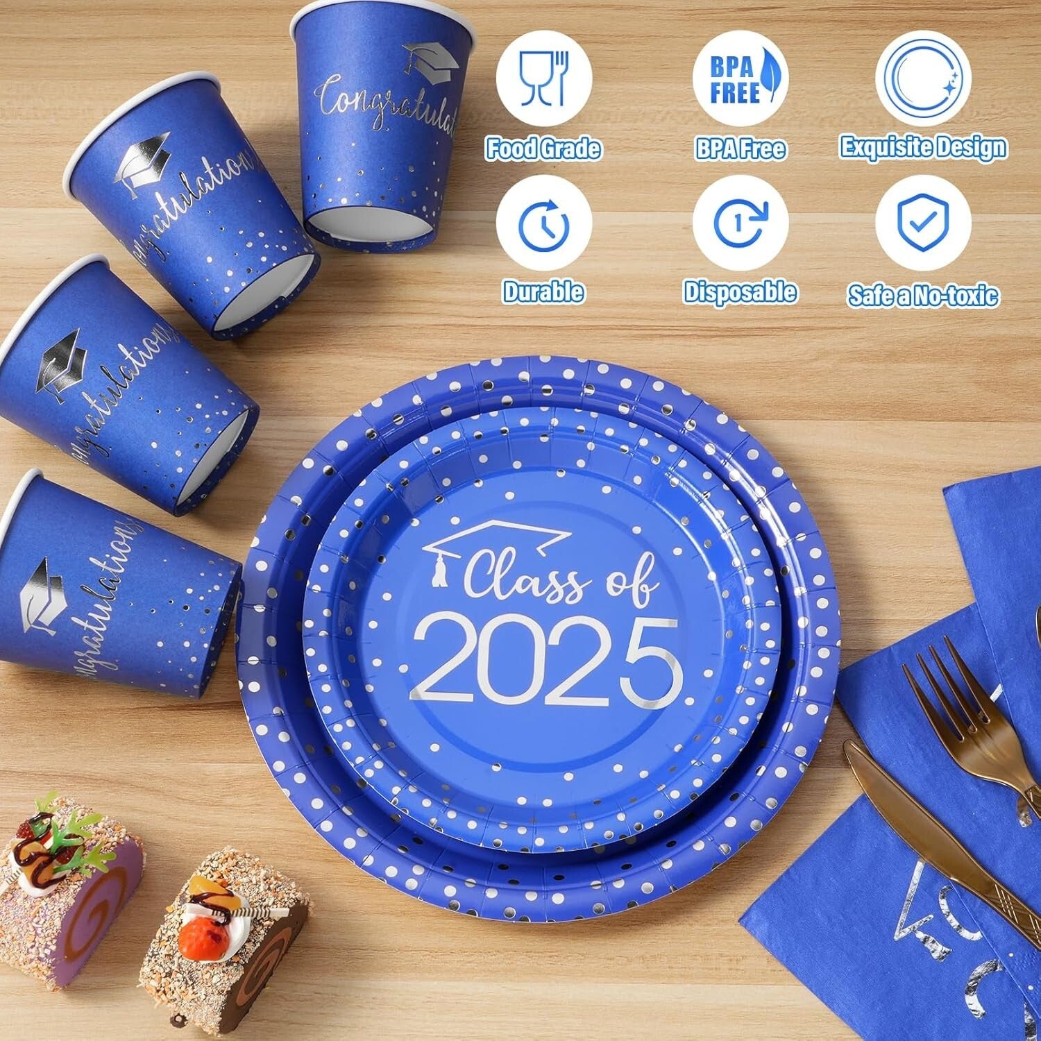 Elegant Blue & Silver Graduation Plate and Napkin Set for Class of 2025 Parties