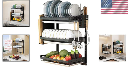 3-Tier Black Stainless Steel Dish Rack with Utensil Holder - Space-Saving Design