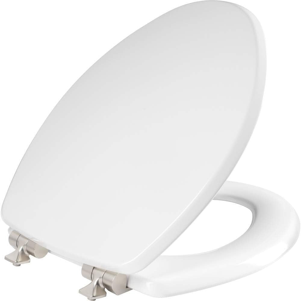 Durable Bennett Toilet Seat: Brushed Nickel Hinges, Elongated, Soft Close Design